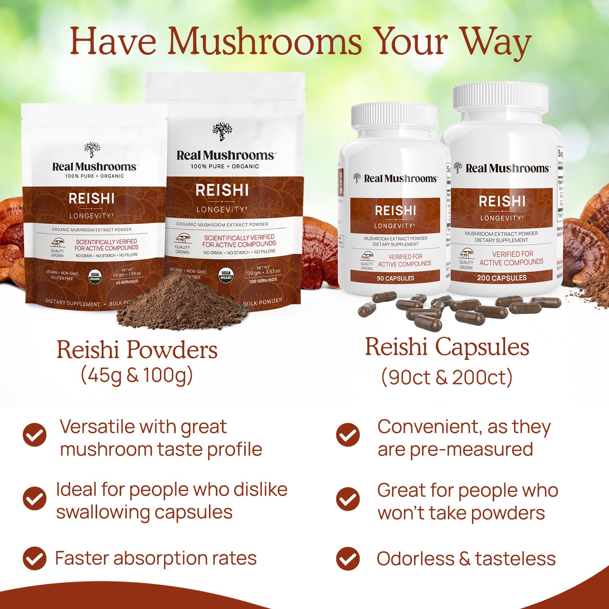Real Mushrooms Real Mushrooms Reishi Capsules - Organic Mushroom Extract Supplement with Potent Red Vegan Supplement, Non-GMO, 90 Caps