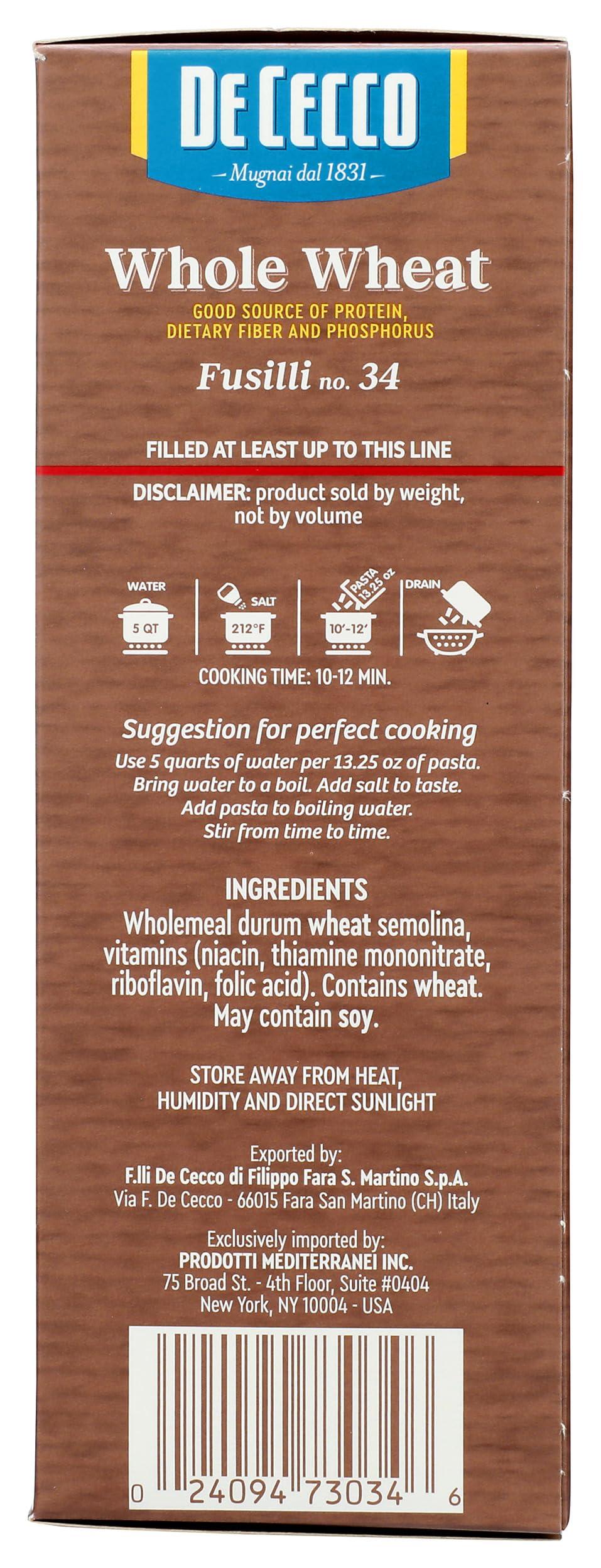 De Cecco De Cecco Pasta Fusilli Whole Wheat Pasta, 13.25 oz