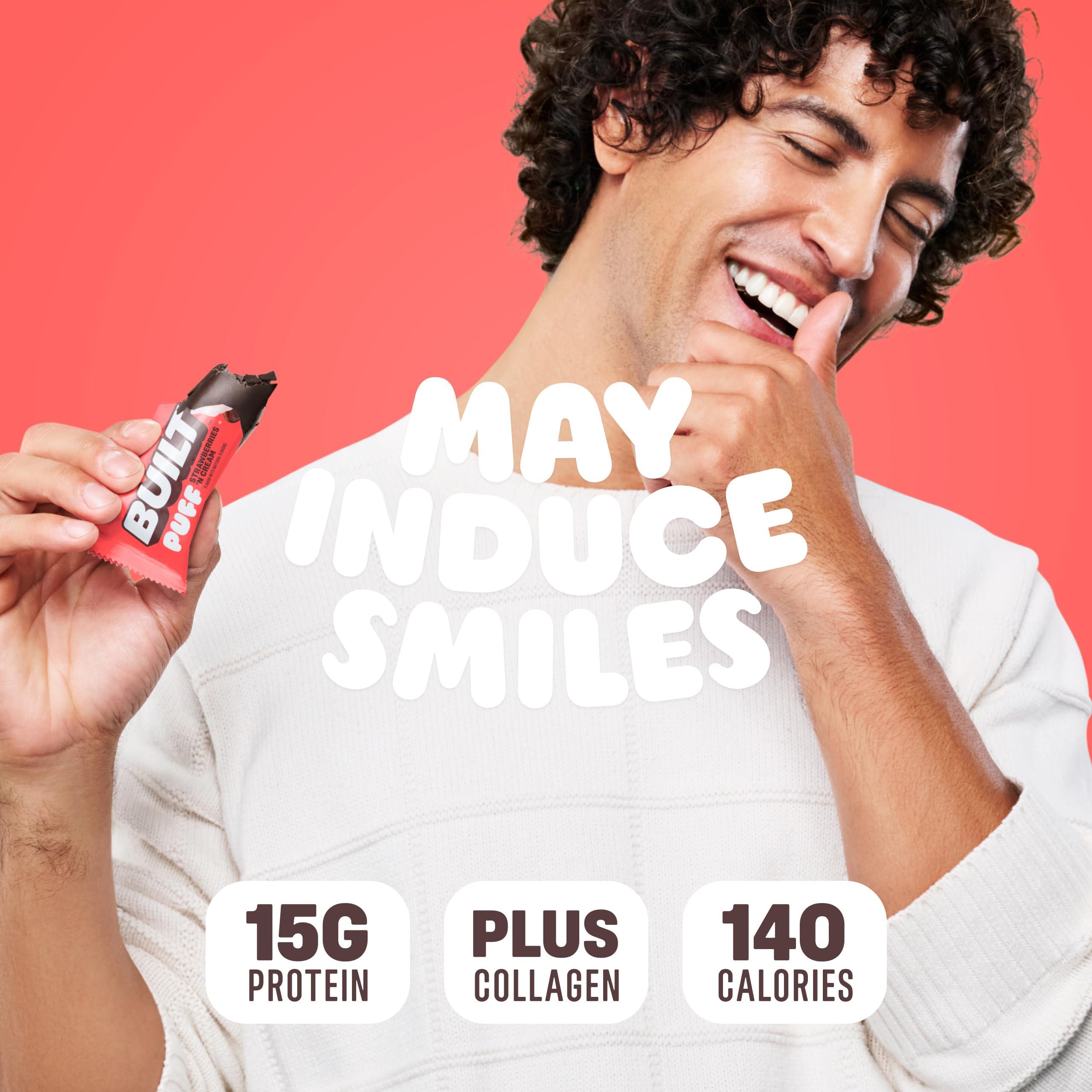 Built Bar BUILT Puffs Protein Bars, Strawberries \'N Cream Puff - High Protein Bars, 15g High Protein Snacks, On-The-Go Bars with only 140 Calories, 8g Sugar, Collagen, Gluten Free, 12 Count