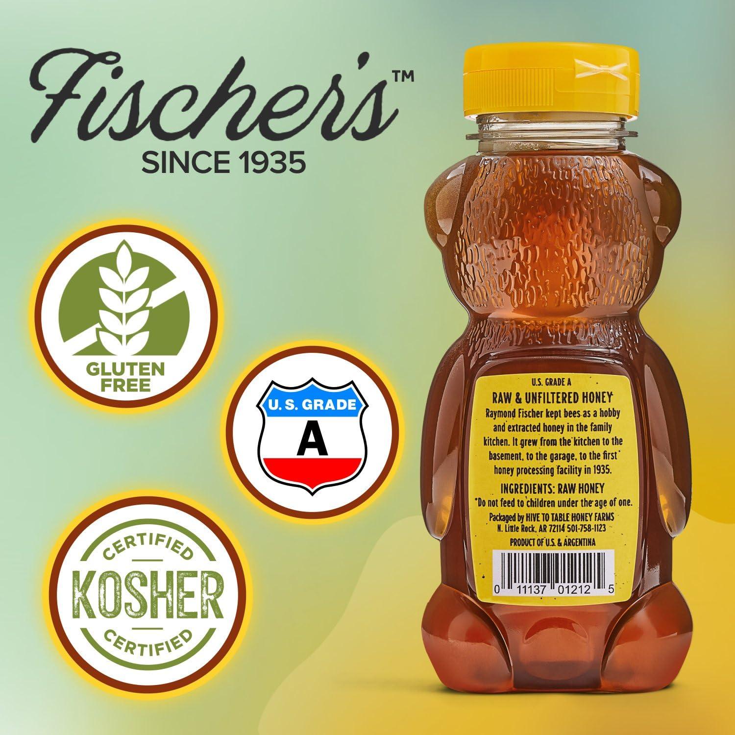 Fischer\'s Fischers 100% Clover Honey, 12 Oz Pure, Raw & Unfiltered Honey Squeezable Honey Bear Bottle Gluten-Free, Non-GMO All-Natural Sweetener