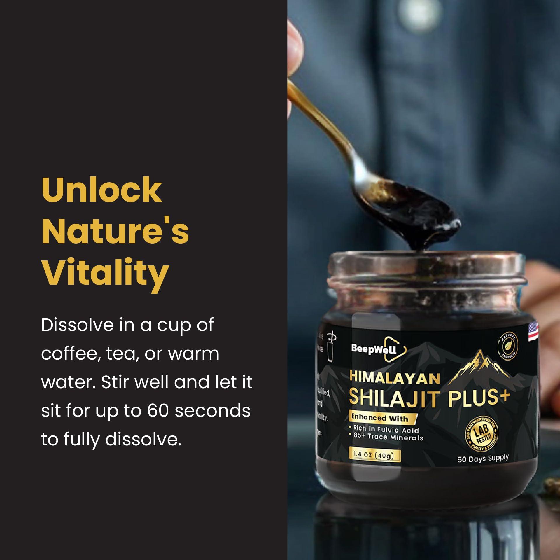 BeepWell BeepWell Shilajit Resin Himalayan Pure Natural Ashwagandha Maca Root Black Pepper Authentic Chilajil Men Women Gold Ayurvedic, 72% Fulvic Acid 85+ Trace Minerals, 50 Servings, 40 Grams