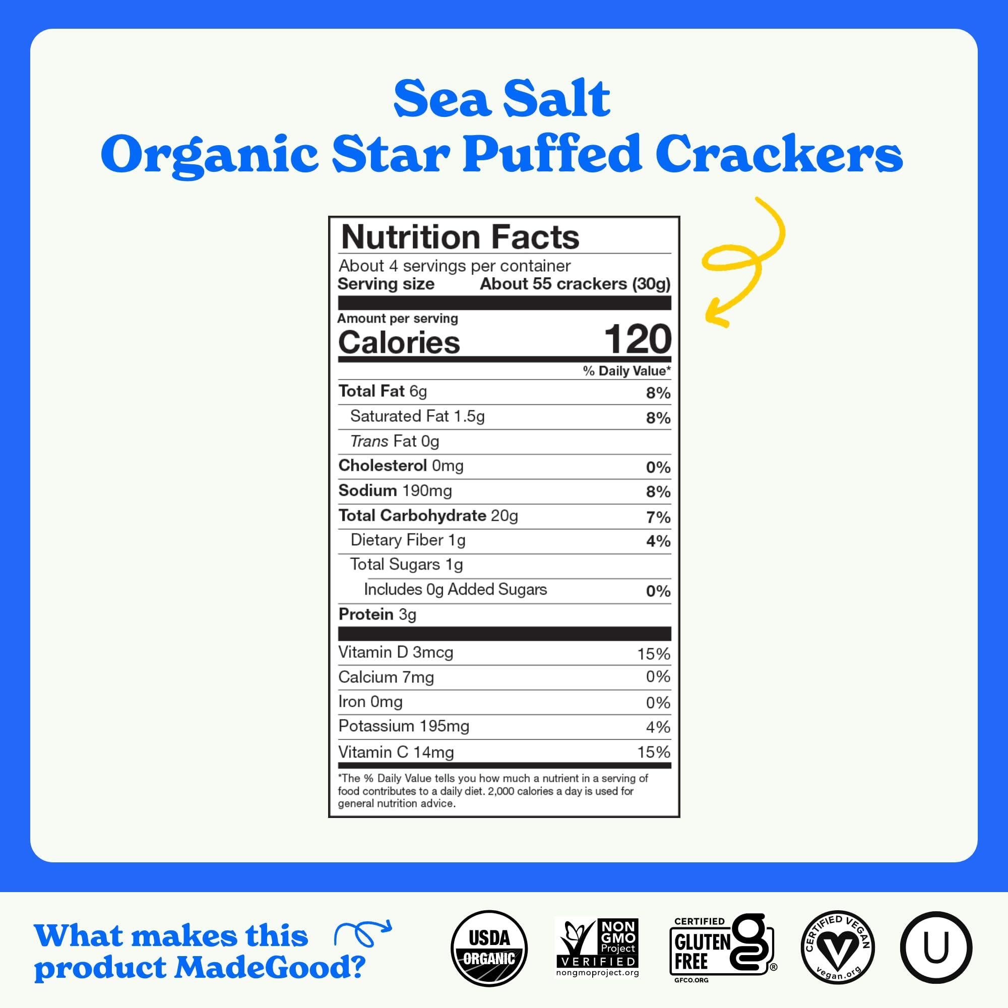Made Good MadeGood Sea Salt Star Puffed Crackers, 4.26oz Pouch, Organic Snacks