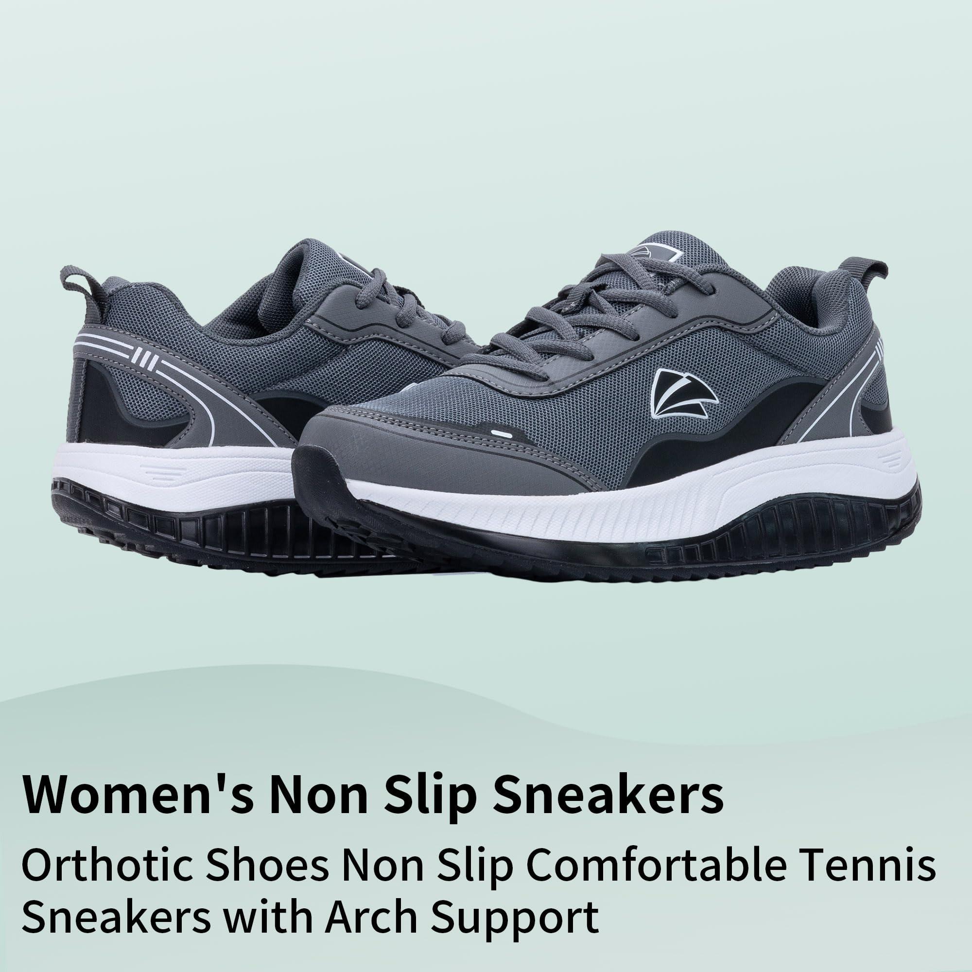 AOV AOV Women\'s Walking Shoes with Arch Support Orthotic Sneakers for Plantar Fasciitis Comfortable Non Slip Tennis Shoes BlackGray 9