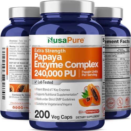 NusaPure NusaPure Papaya Papain Enzyme Complex 240,000 PU - 200 Veggie Caps - 100% Vegetarian, Non-GMO