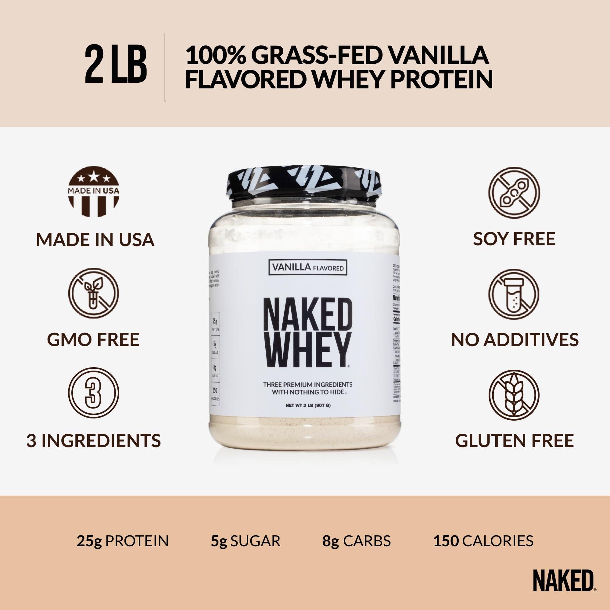 NAKED NAKED Whey Vanilla Protein Powder - Only 3 Ingredients - Grass Fed Whey Protein Powder, Vanilla Flavor, and Organic Coconut Sugar, No GMO, No Soy, and Gluten Free - 24 Servings