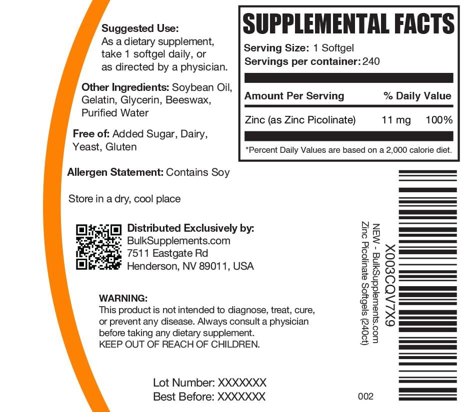 BULKSUPPLEMENTS.COM BulkSupplements.com Zinc Picolinate Softgels - Zinc Supplements, Zinc 11mg, Zinc Softgels - for Immune Support, Gluten Free - 1 Softgel per Serving, 240 Count (Pack of 1)