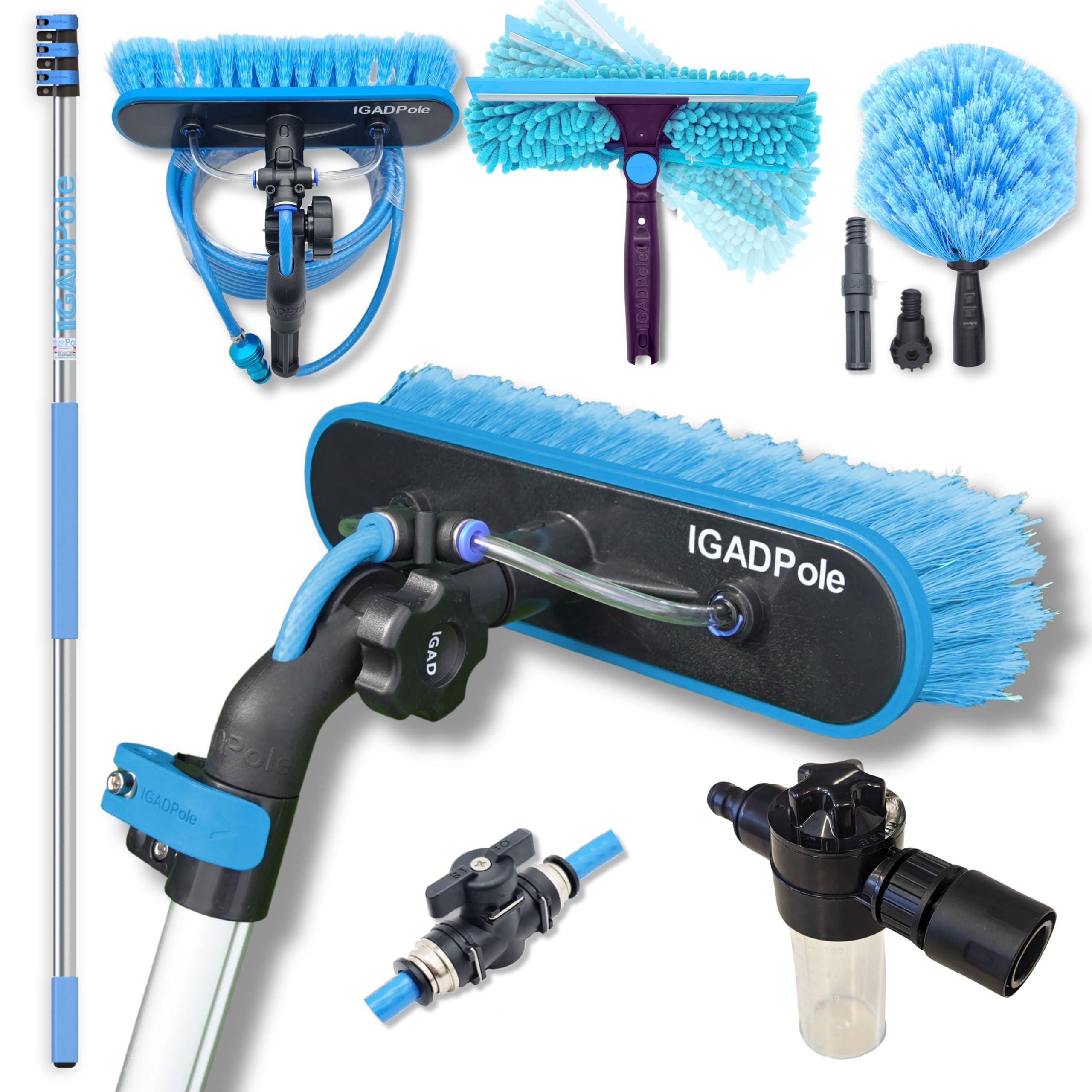 IGAD 18 ft IGADPole Washing Kit: Water-fed Brush, Cobweb Duster and 10(25cm) Squeegee and Soap Dispenser, with 3-Stage Telescoping Pole 5-12 Ft Pole
