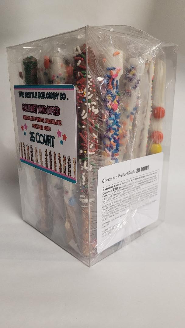 The Brittle Box Candy Co. Chocolate Covered Pretzel Rods 25 Count Gift Box Assorted Toppings