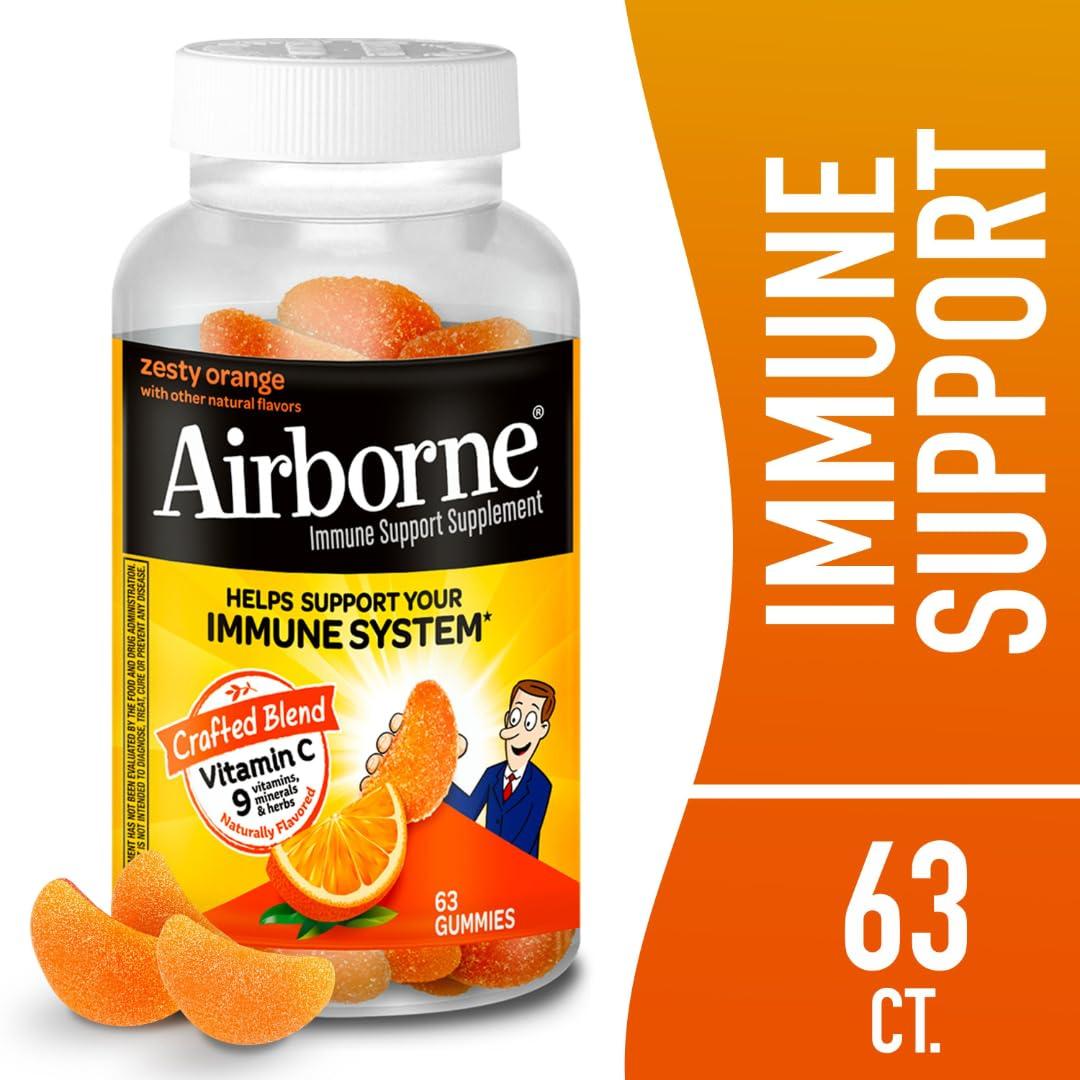 Airborne Airborne 750mg Vitamin C Immune Support Supplement Gummies for Adults, Zesty Orange Flavor, Gluten Free Crafted Blend with Powerful Antioxidants Vitamins A C & E, 63 Gummies (4 Pack)
