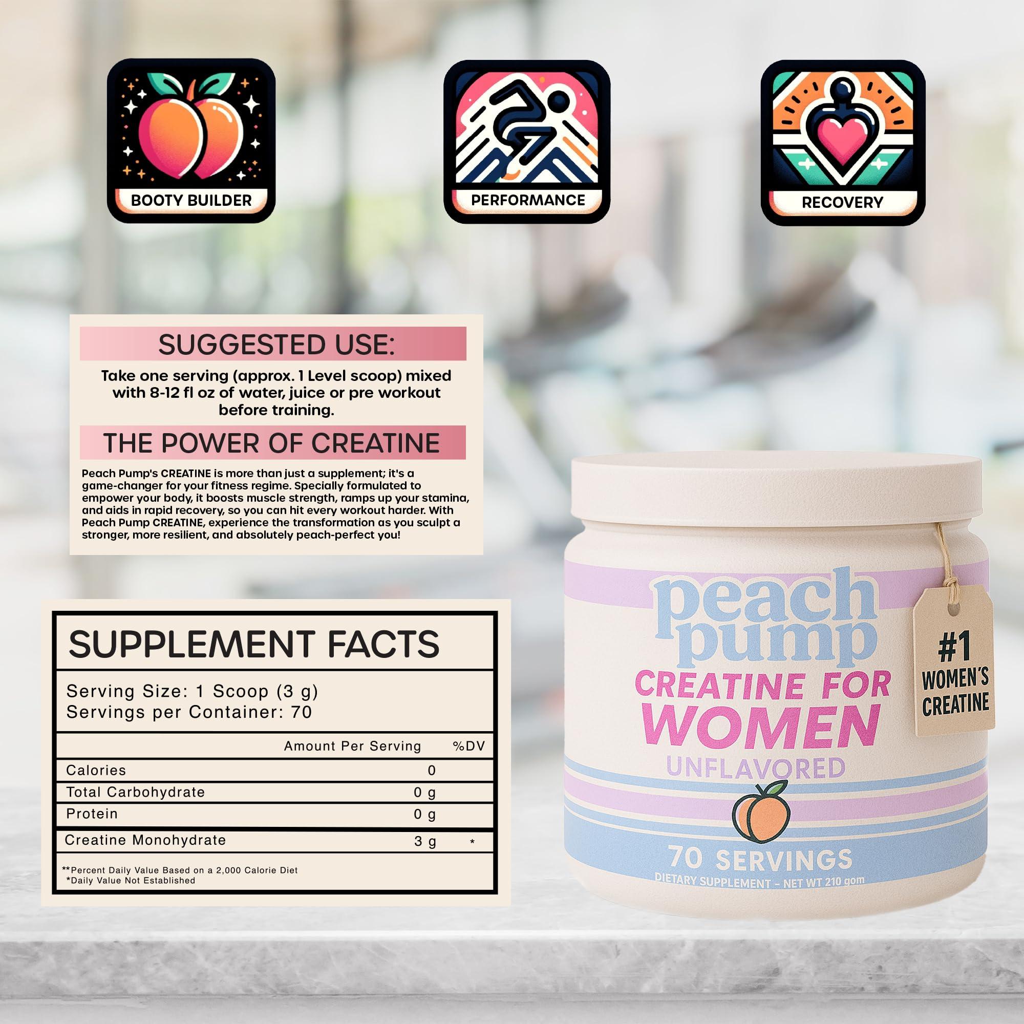 Peach Pump Creatine for Women - Creatina - Creatine for Women Booty Gain - Creatine Powder - Womens Creatine - Booty Builder - 70 Servings: Unflavored