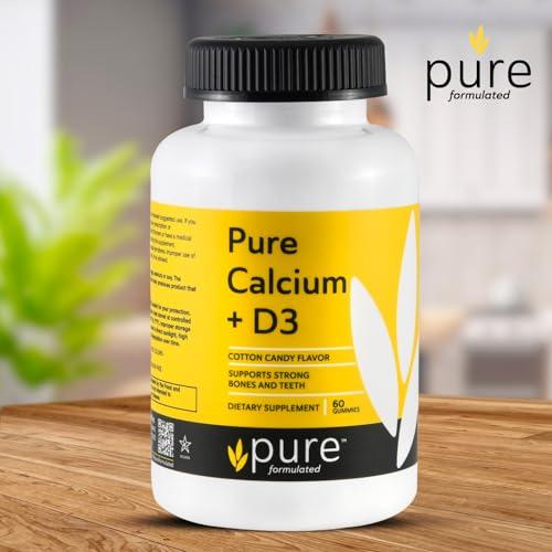 pure formulated pure formulated Chewable Calcium + Vitamin D3 Gummies Vegan Vitamin Supplements for Bones & Teeth Support, 1000 IU Gluten and Dairy Free - Kosher(60Gummies)