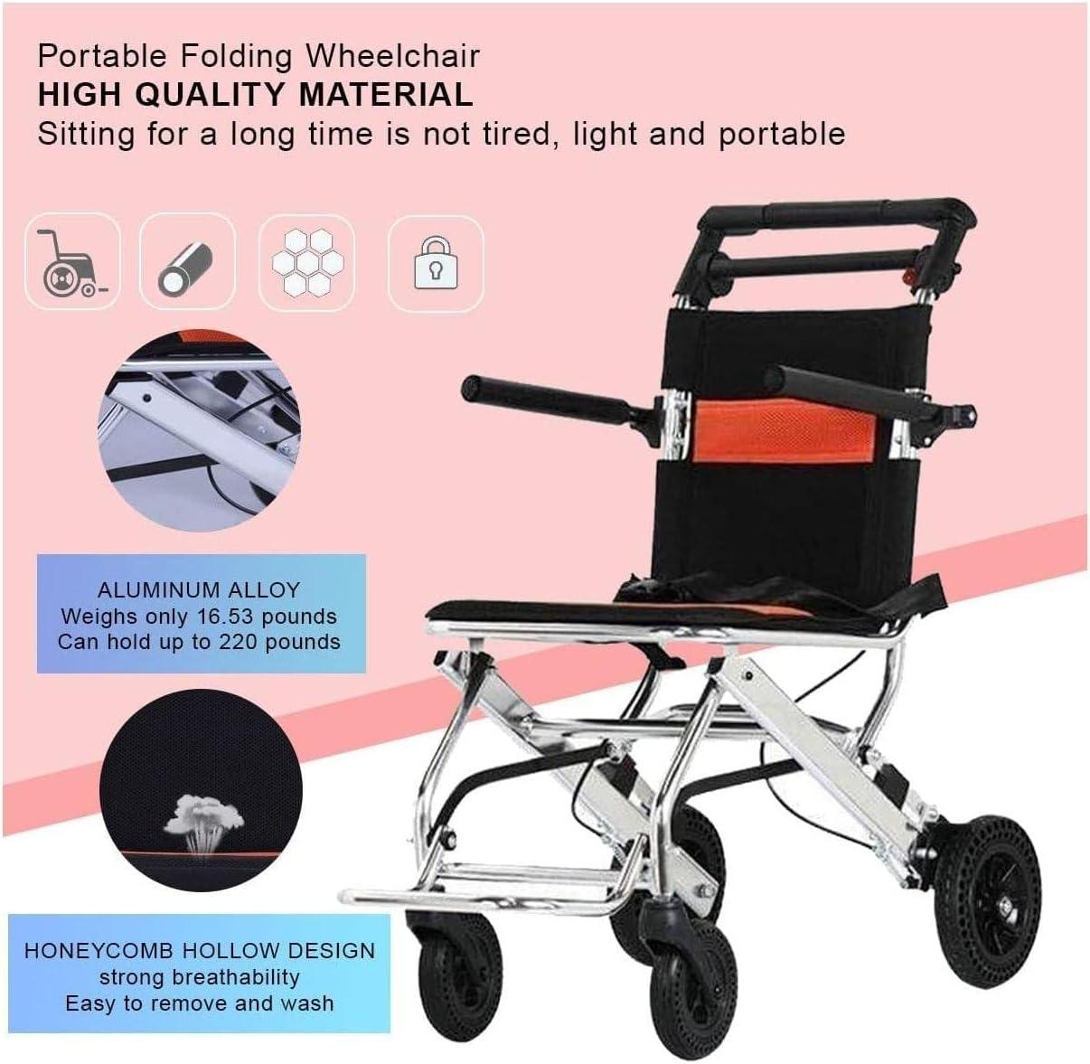 EliteBloom Wheelchair Lightweight Transport Wheelchair Folding Portable Boarding Travelling Wheelchair W/Hand Brake Outdoor Travel Aluminum Transit Chair for Seniors Transit Chair,