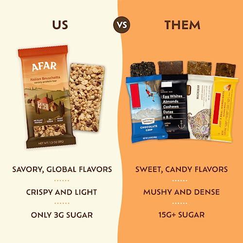 Afar Afar Savory Protein Bars Low Sugar, High Protein Healthy Snack for Adults Meal Replacement Bar Rice Crispy Texture Vegan, Gluten Free 8 Bars (Italian Bruschetta)