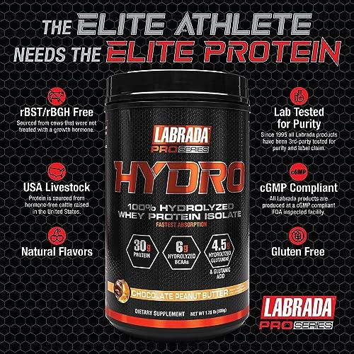 Labrada LABRADA HYDRO 100% Pure Hydrolyzed Whey Protein Isolate Powder, Lactose free, 6g BCAAs, 4.5g Glutamine, Fastest Digesting Whey Available, Instant Mixing, Delicious Taste 20 Servings Choc PeanutButter