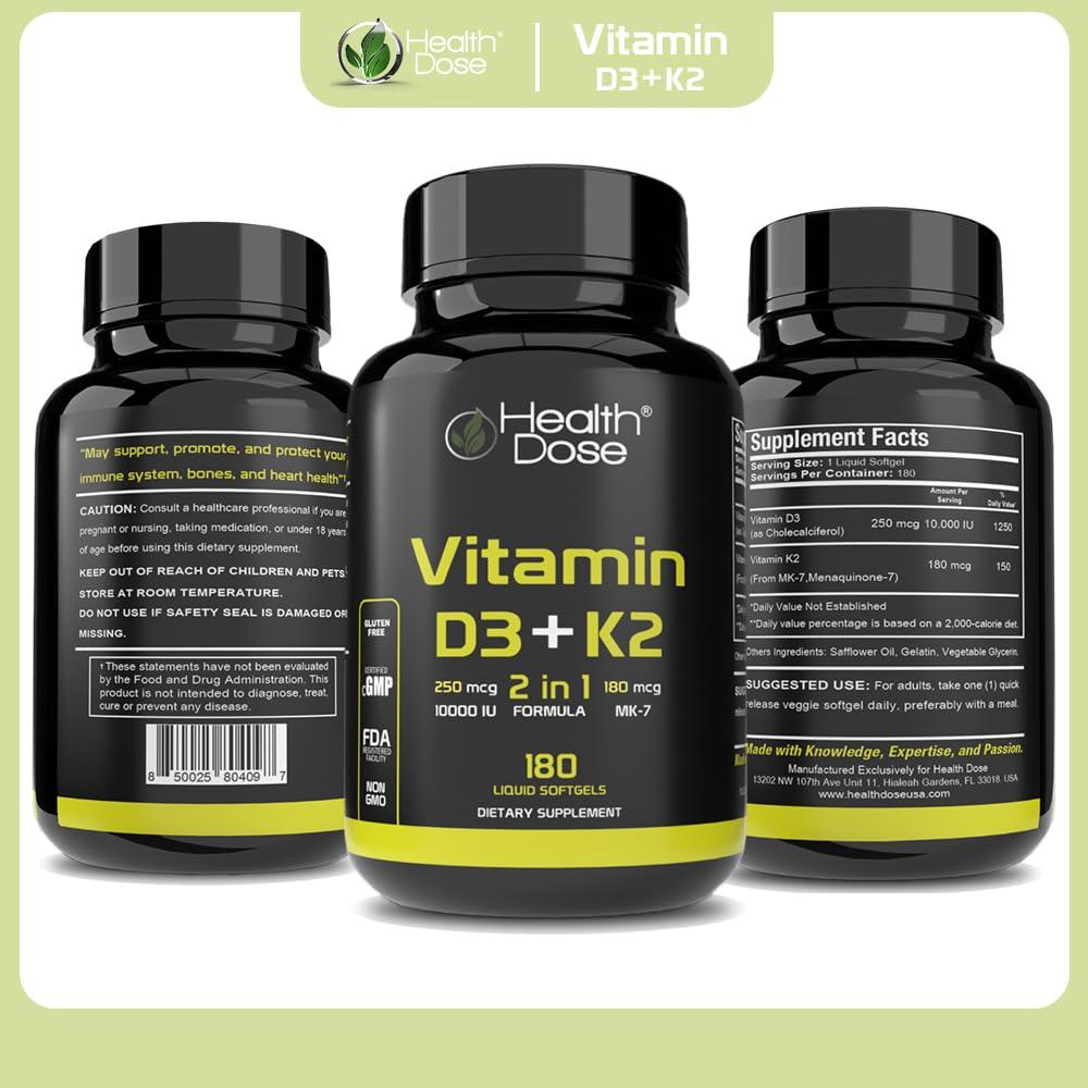 Health Dose Health Dose Vitamin D3 10,000 IU + K2 (MK7) Supplement, 2-in-1 Formula, Immune Support, a Healthy Mood, Heart, Joint, Teeth, Bone Health, Calcium Absorption, 180 softgels. (2)