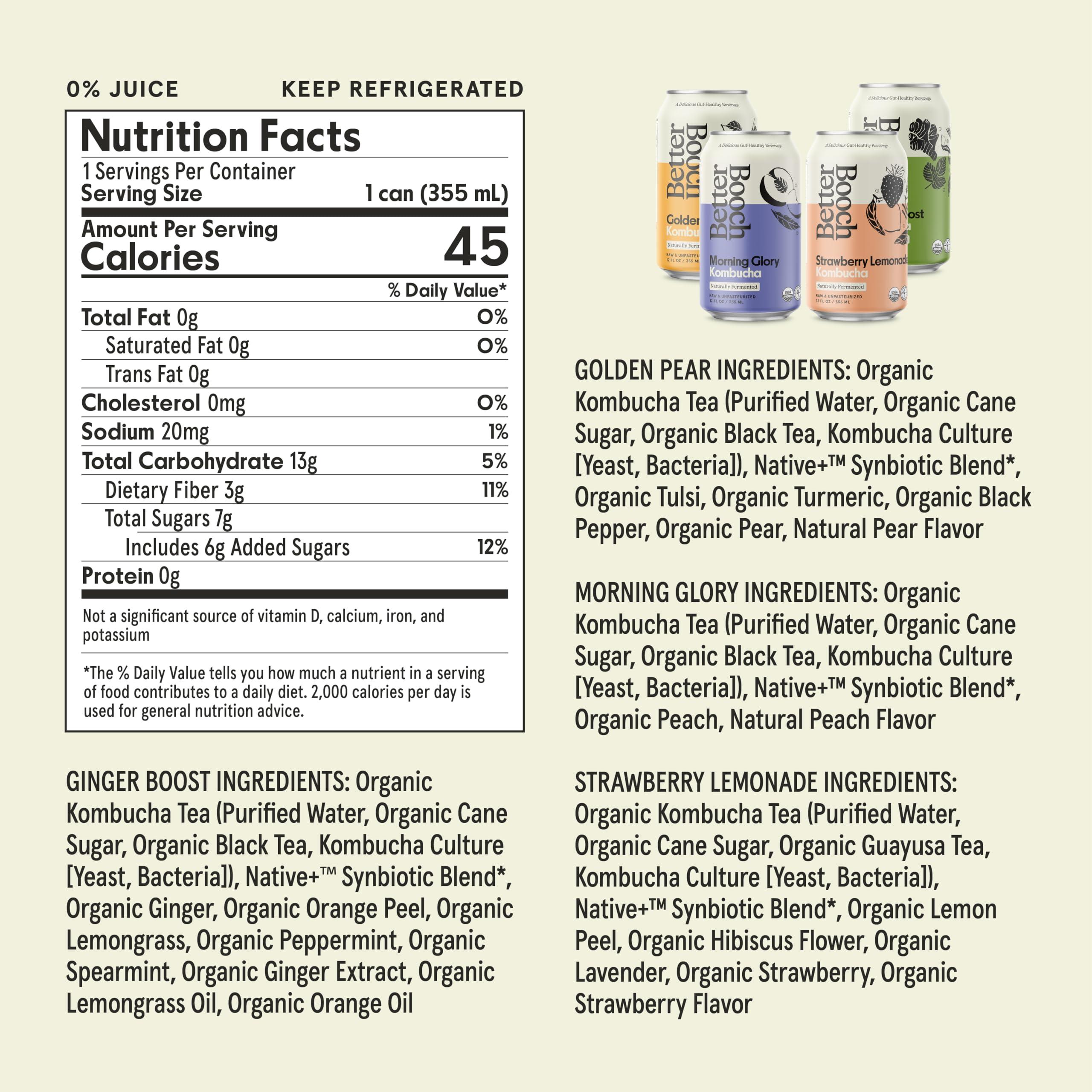 Better Booch Better Booch Organic Kombucha - Probiotic & Antioxidant Rich Raw Sparkling Tea - Low Sugar, Vegan, Gluten Free - Gut Healthy Active Cultures, 12 Fl Oz Cans, 12-Pack (All the Faves)