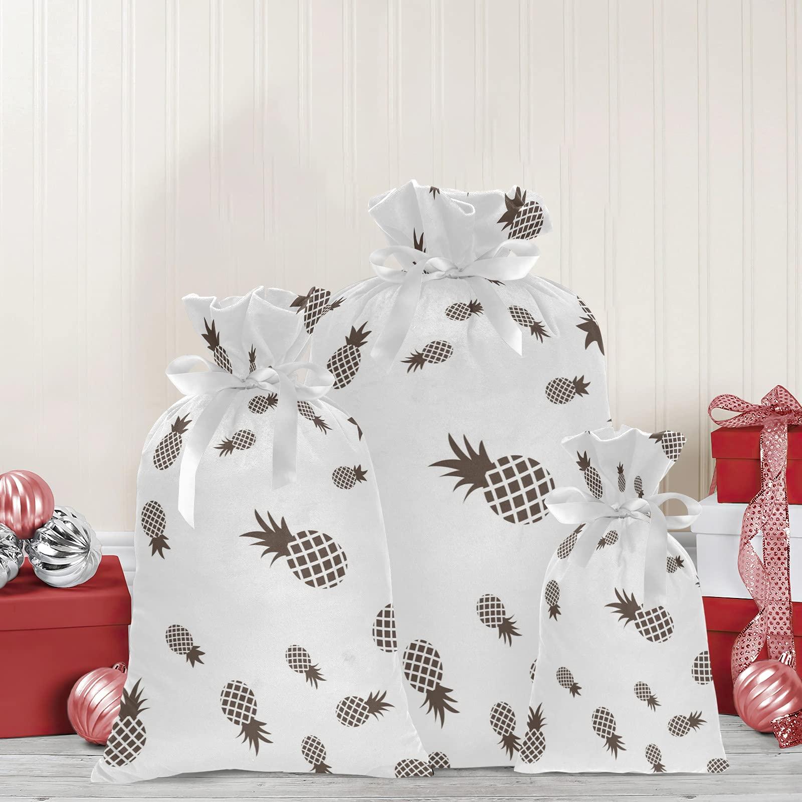 BEYODD Black and White Pineapple 3 Pack Christmas Gift Bags, Drawstring Xmas Bag, Gift Wrapper Bag for Holiday and Parties