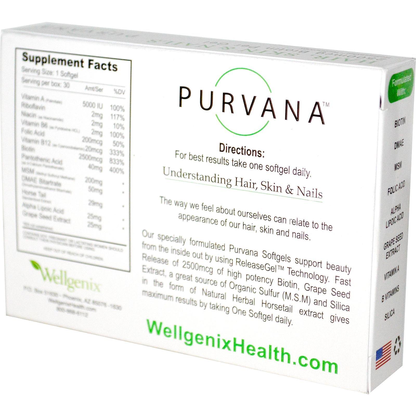 Wellgenix Wellgenix Purvana Hair, Skin, and Nails Vitamin Softgels for High Absorption - Double Strength 2500mcg Biotin, VIT A & B, Folic Acid, Grape Seed Extract - Herbal Supplement (30 Count)