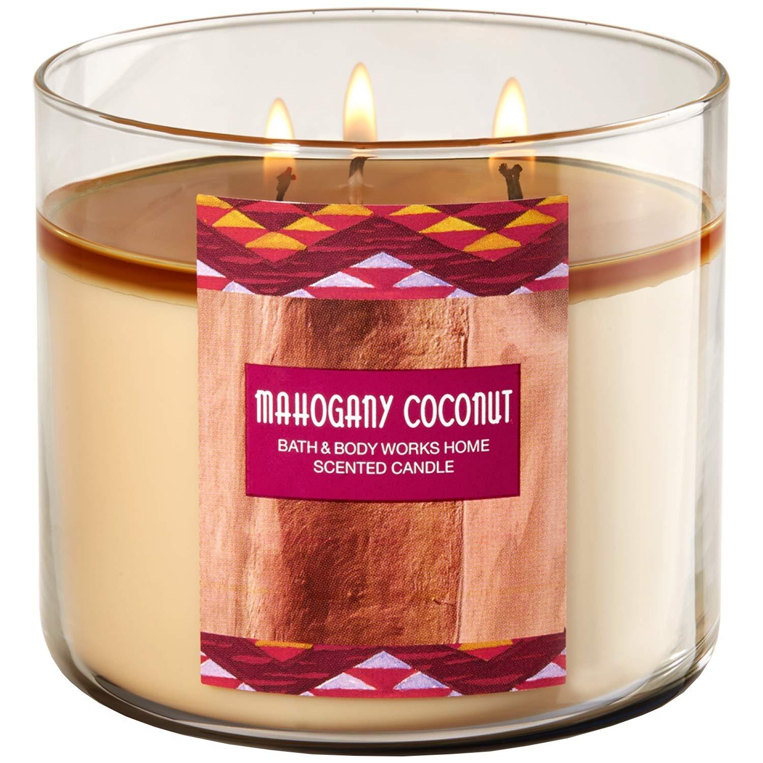 BATH AND BODY WORKS White Barn Mahogany Coconut 3-Wick Candle 14.5 Ounce