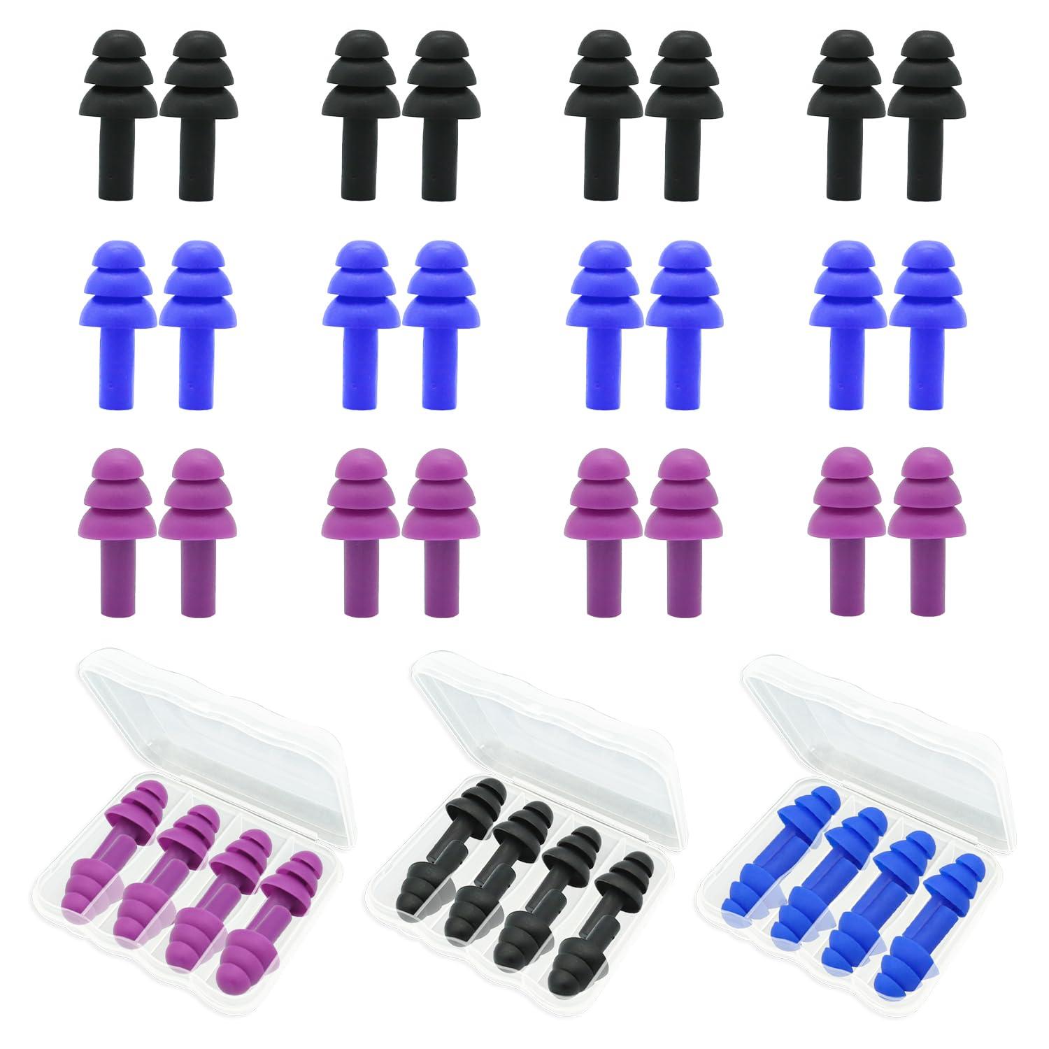 AXBUS Ear Plugs for Sleeping,12 Pair Earplugs Noise Canceling Soft Silicone Ear Plug Reusable Earplugs for Sleep,Concert,Swimming,Study,Loud Noise,Snoring(Black Blue Purple)