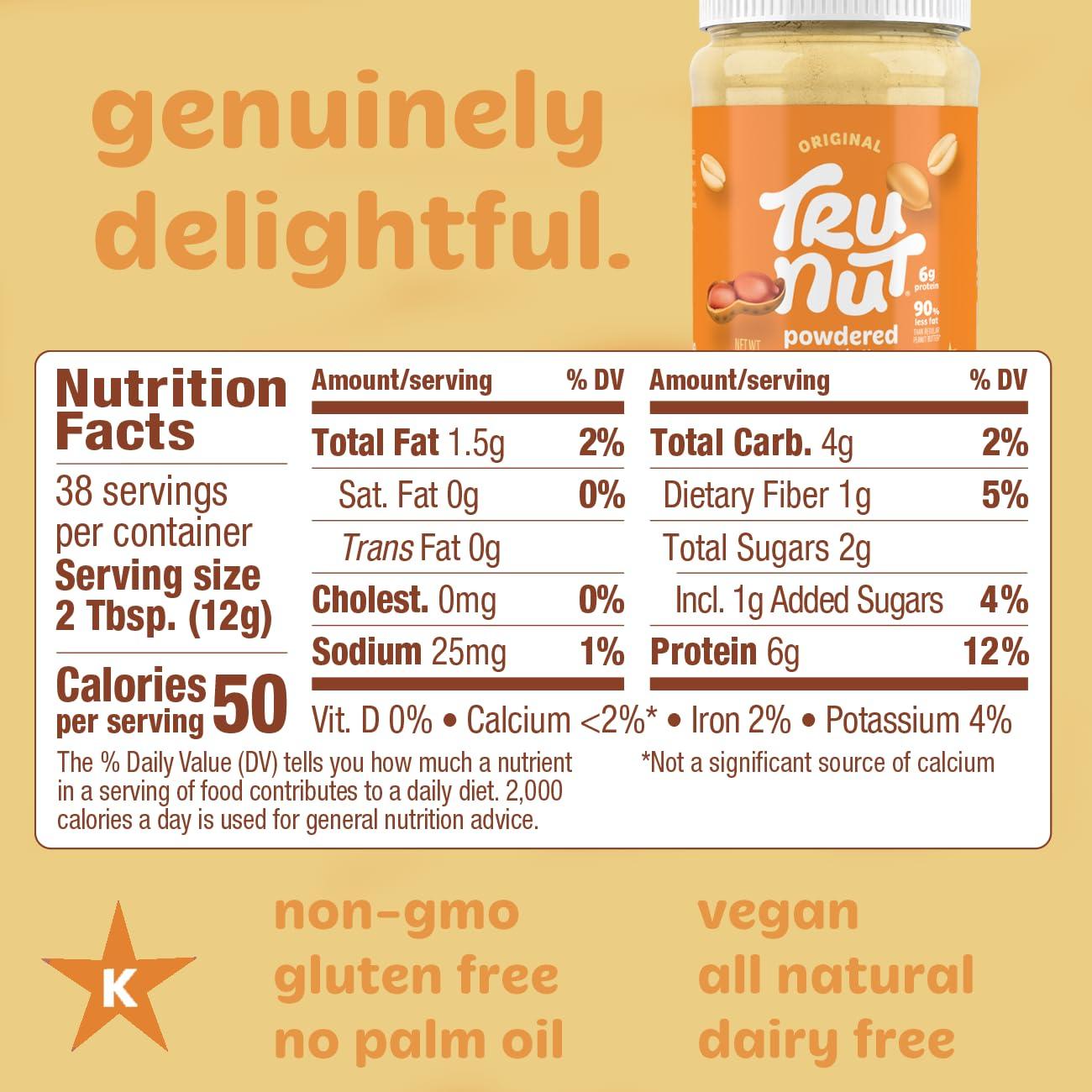 Tru-Nut Tru-Nut Peanut Butter Powder - Made with Natural Ingredients - Vegan, Low Carb, Gluten Free, Non GMO - Low Calorie Peanut Butter Protein Powder - Peanut Butter Flavor, 16oz