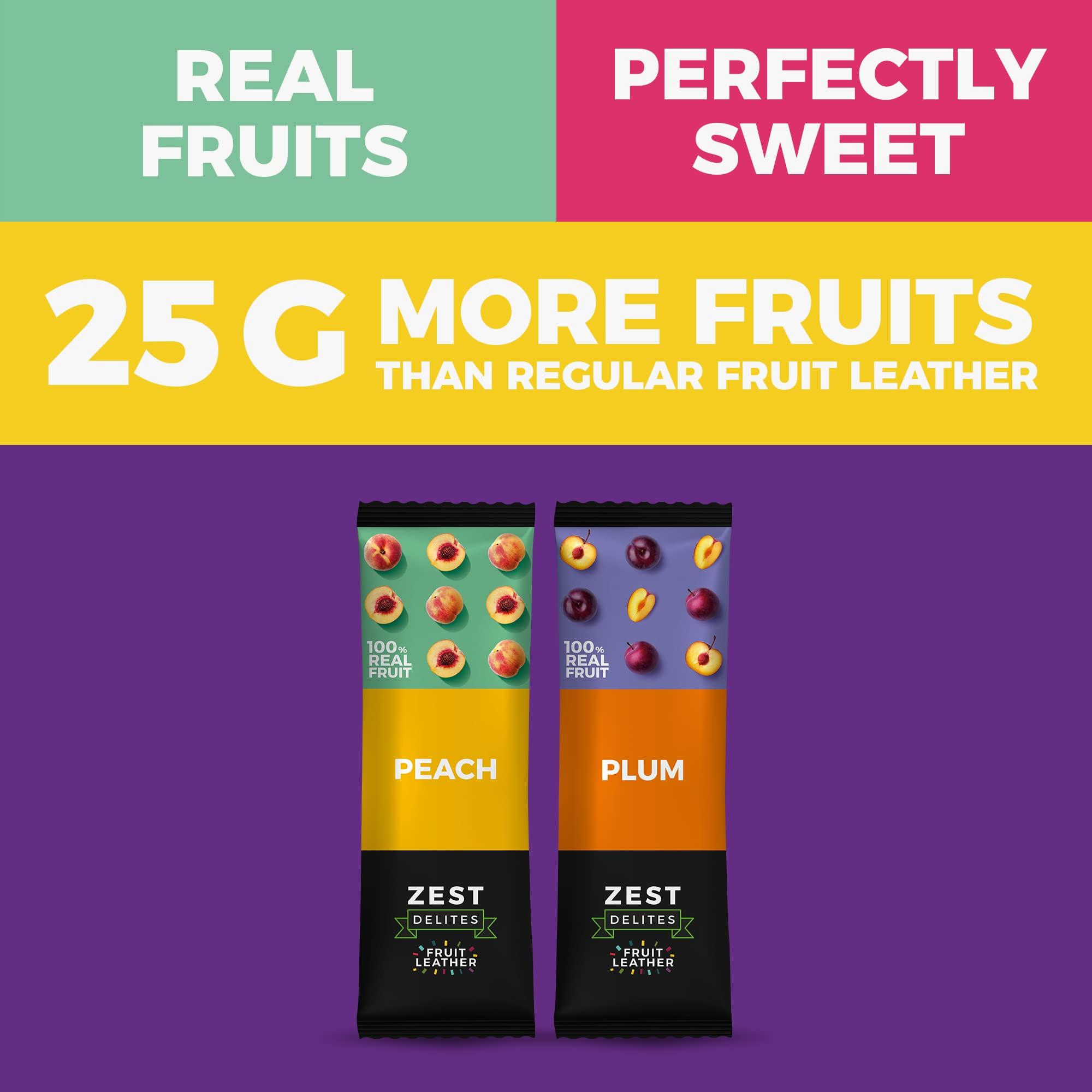 ZEST Delites Fruit Snacks by Zest Delites, Fruit Leather, Healthy Snacks for Adults, Dried Fruit Bars, Gluten Free Fruit Strips, Vegan Healthy Snacks, Fruit Strips, Apple-Based, Peach, Plum, 0.88 oz x 10
