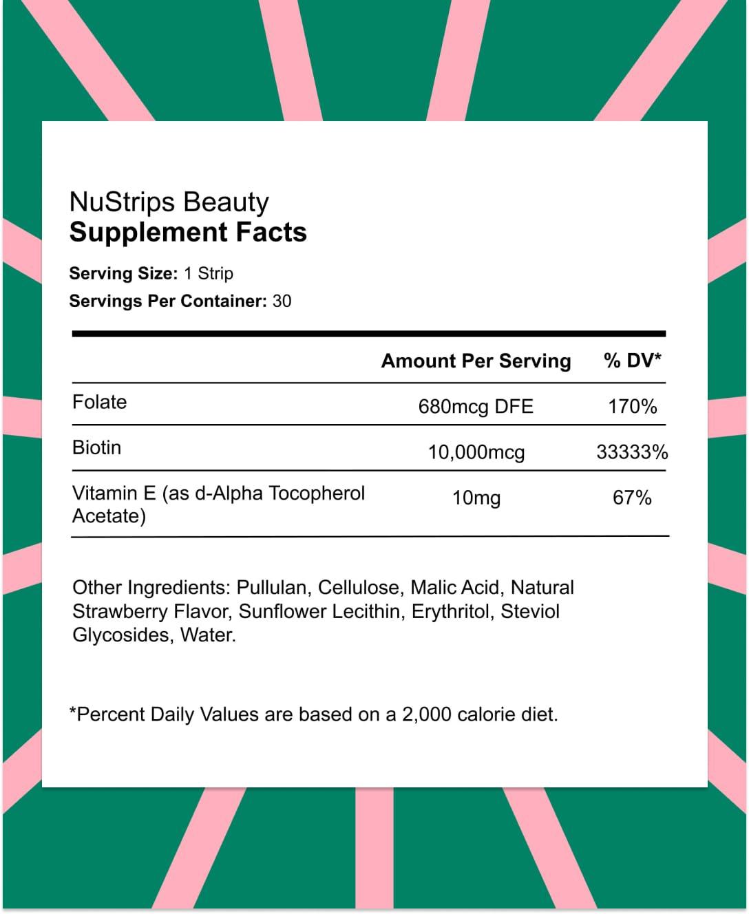NuStrips NuStrips Beauty | Strawberry Flavored Oral Strips with Biotin, Folate and Vitamin E | Vitamins for Hair, Skin & Nails | Maximum Absorption, Fast Results | 30 Individually Wrapped Strips