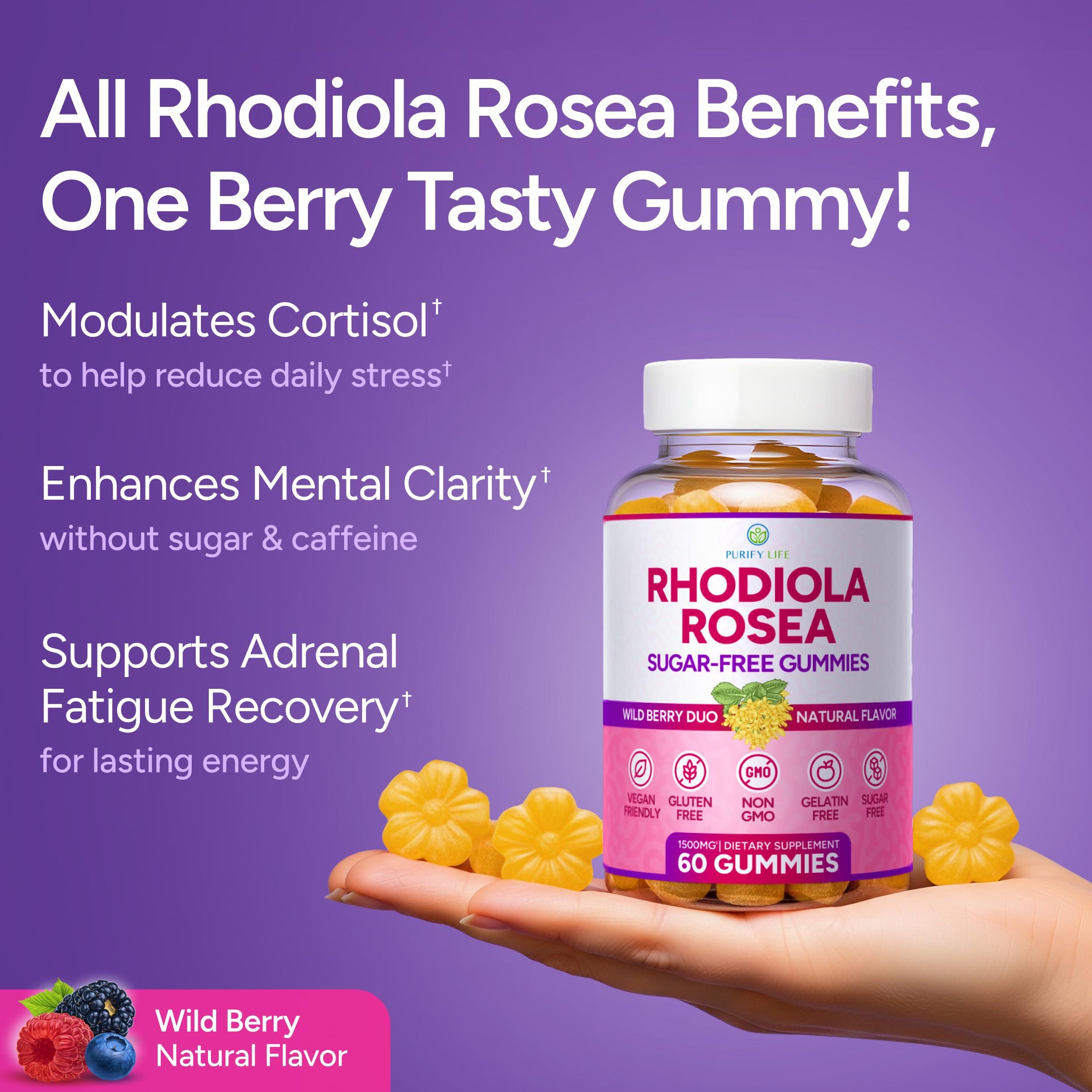 Purify Life Sugar-Free Rhodiola Rosea Gummies (1500mg/Serving) Adaptogenic Rhodiola Rosea Supplement & Cortisol Blocker for Performance, Stamina, Mood & Motivation - Non-GMO, 60 Vegan Chews, No Capsules or Pills