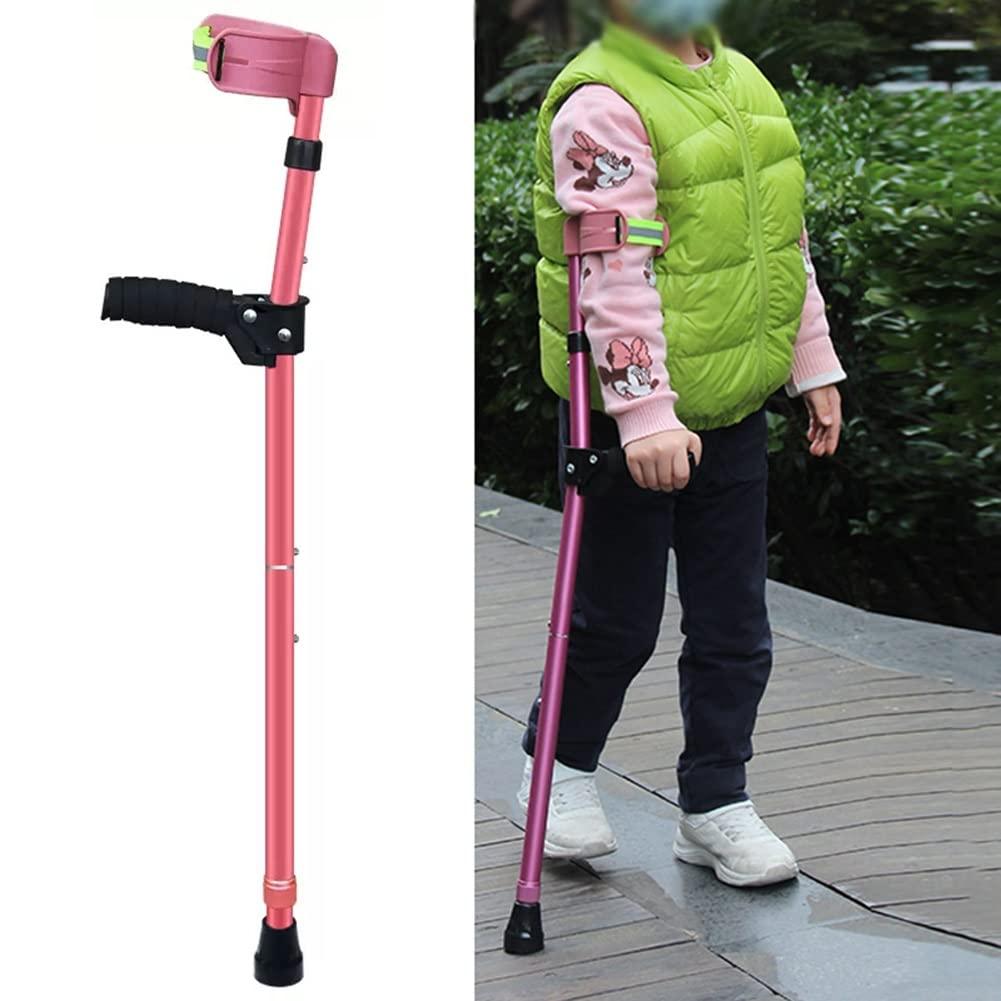 XYBI Store Pink Children's Folding Crutches, Adjustable Forearm Crutches, Medical Aluminum Elbow Crutches with Reflective Cuffs, Rehabilitation Care Crutches