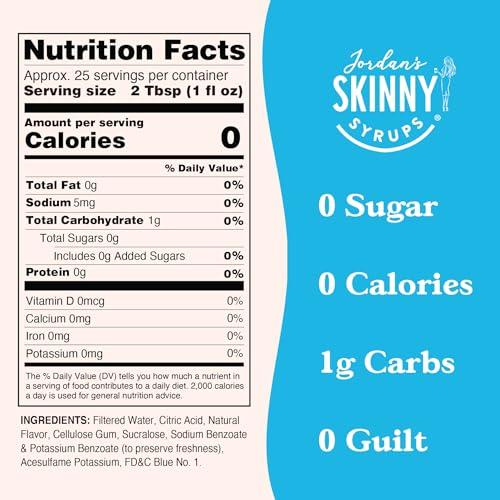 Jordan\'s Skinny Mixes Jordan\'s Skinny Mixes Sugar Free Syrup, Genie Flavor, Fruit Flavored Water Enhancer, Drink Mix for Ice Tea, Lemonade & More, Zero Calorie Flavoring, Keto Friendly, 25.4 Fl Oz, 1 Pack