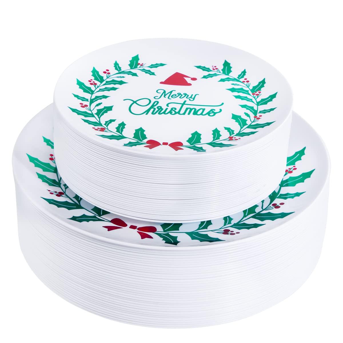 DaYammi DaYammi 60 PCS Christmas Plates White and Green Plastic Plates Red and Green Christmas Disposable Party Plates Include: 30 Christmas Dinner Plates 10.25\", 30 Dessert Plates 7.5\" for Christmas Party