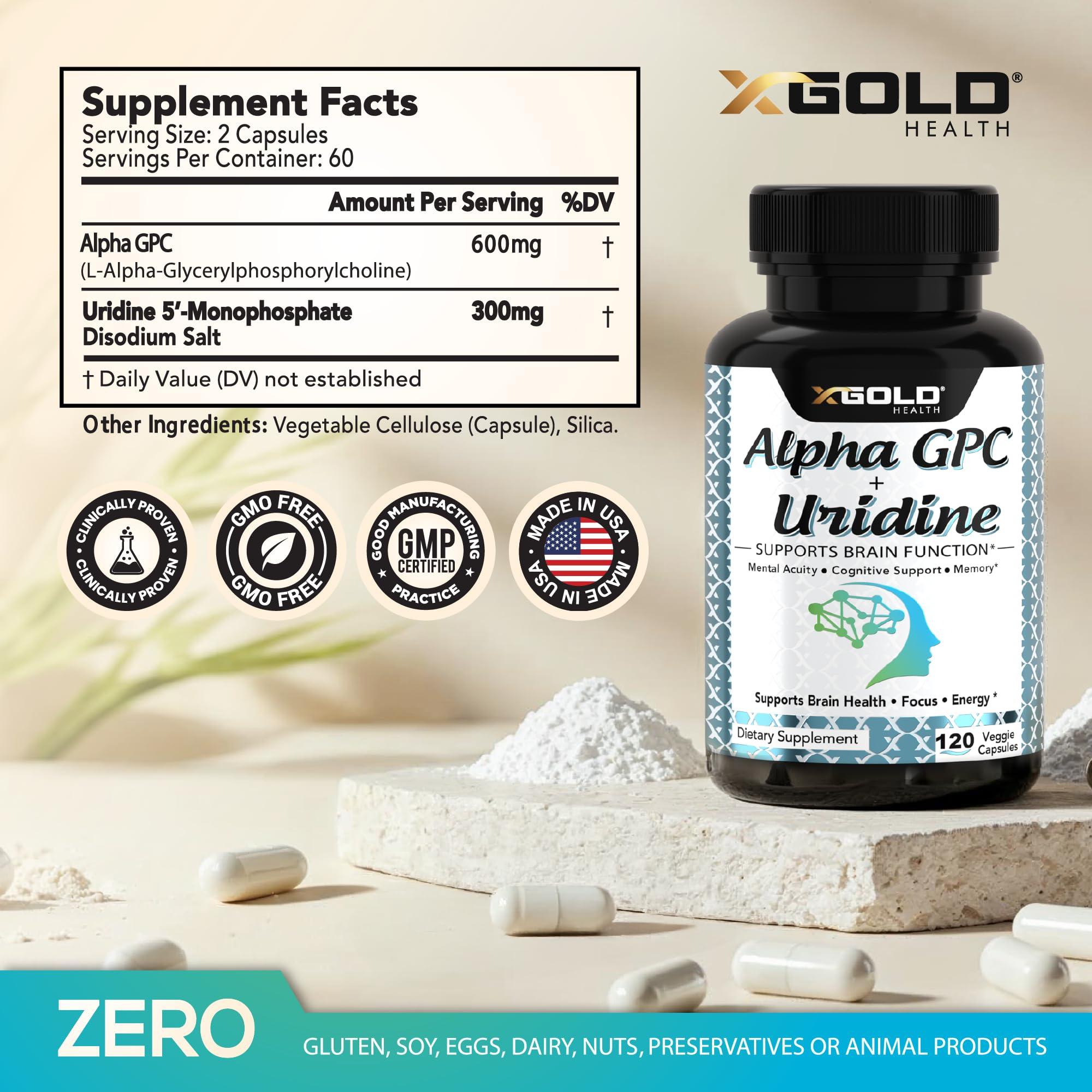 X Gold Health Alpha GPC Choline 600mg + Uridine Monophosphate 300mg-2-in-1 Nootropic Supplement Helps Boost Focus, Energy & Cognitive Performance -Potent Mood Enhancer & Brain Focus Supplements -120 Veggie Capsules
