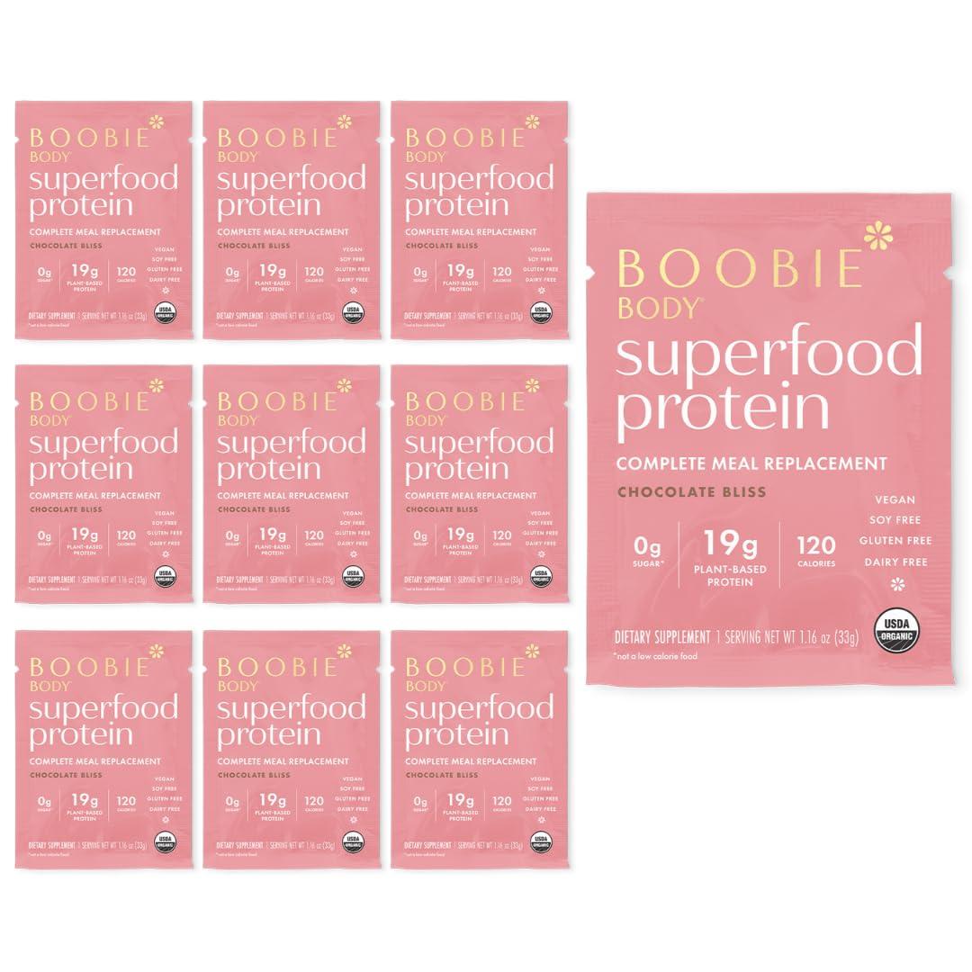 Boobie Brands Boobie Body Superfood Protein Meal Replacement Shake, Chocolate Bliss Flavor | 19g Protein | Safe For Pregnancy, Lactation, & Motherhood | Organic, Vegan, Zero Sugar, 10 Single Serve Packets (1.16 oz each)