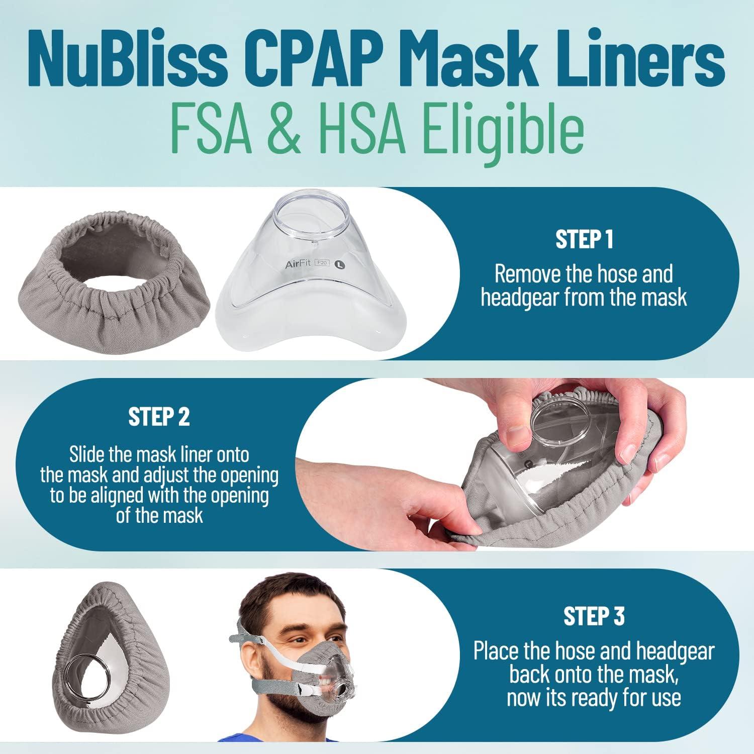 NuBliss CPAP Mask Liners - FSA & HSA Eligible 4-Pack Soft Cushion Mask Cover Compatible with F20 & F10 Mask, A Variety of Nasal Masks, Mouth Masks, and Most Full Face Masks - Washable, Reusable, Lightweight