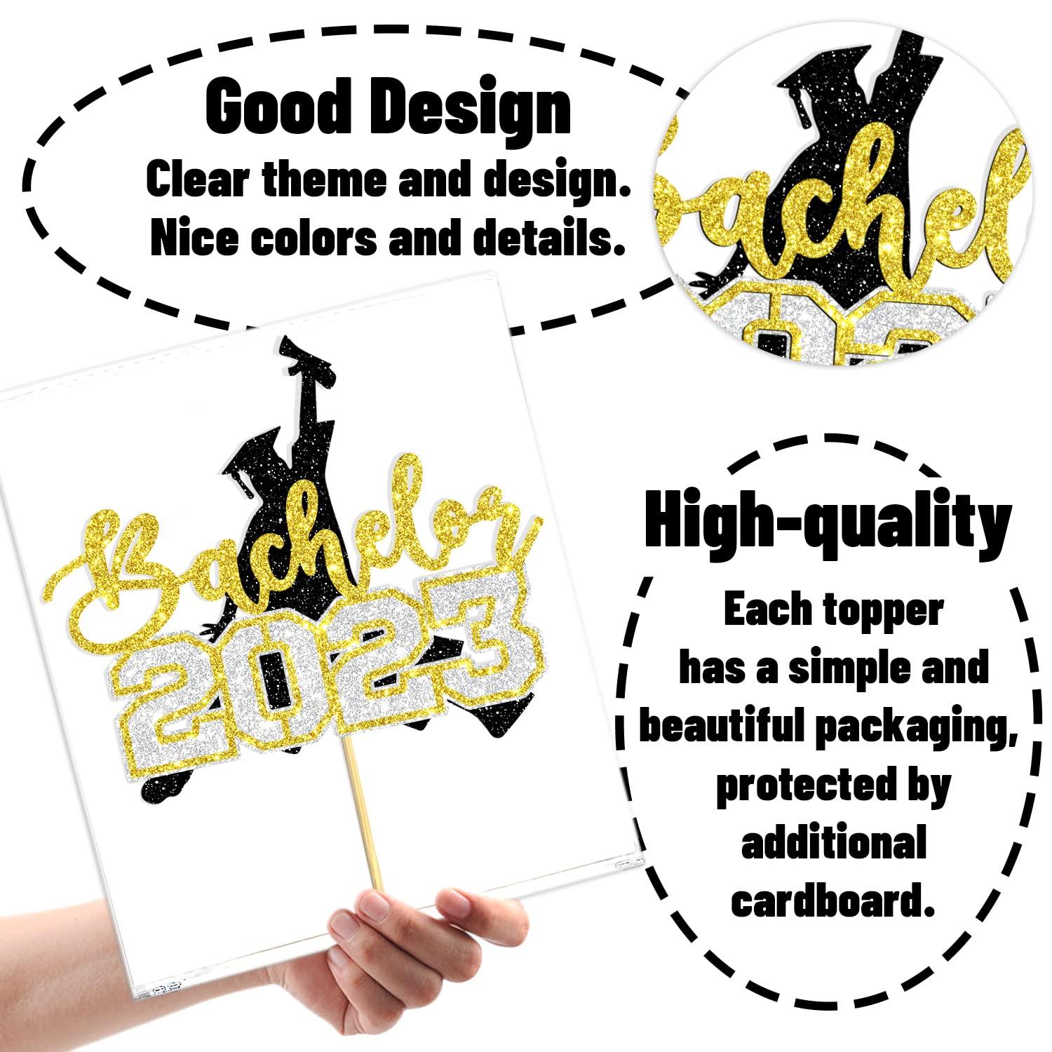 Aeryourtar Congrats Bachelor Cake Topper, 2023 Graduation Cake Topper, Congrats Grad Cake Decorations, College Graduation Party Decorations Supplies, Gold and Black Glitter