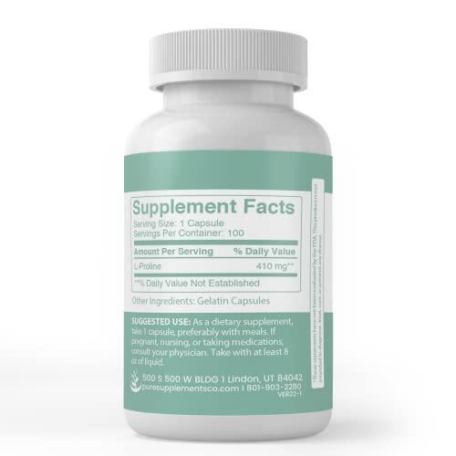 Pure Organic Ingredients Pure Original Ingredients L-Proline, (100 Capsules) Always Pure, No Additives Or Fillers, Lab Verified