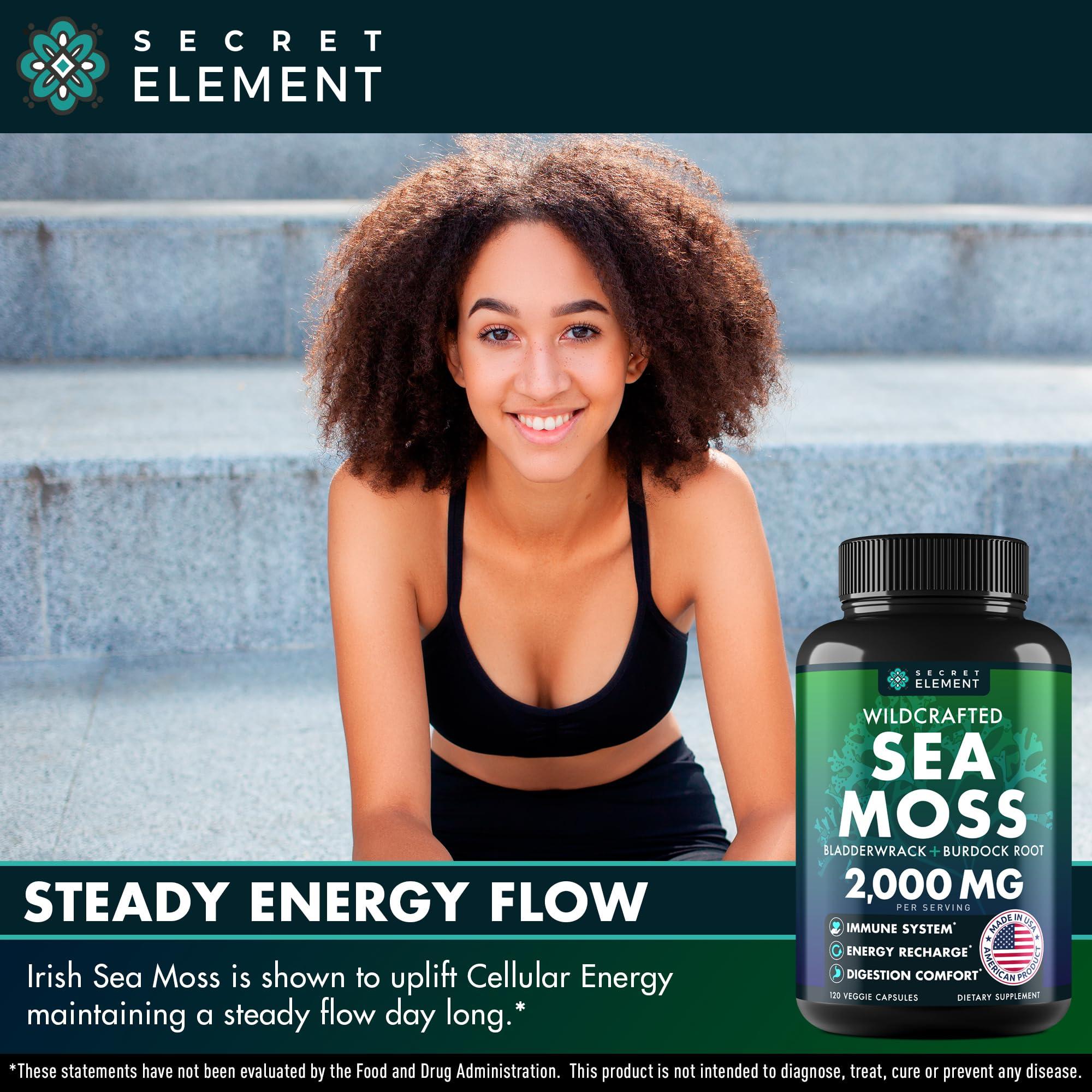 Secret Element Sea Moss Capsules - Irish Sea Moss Advanced with Burdock Root, Bladderwrack & Muira Puama for Immunity, Gut, & Energy - Superfood Sea Moss Supplements w/Raw Sea Moss Powder - 120 Irish Seamoss Pills