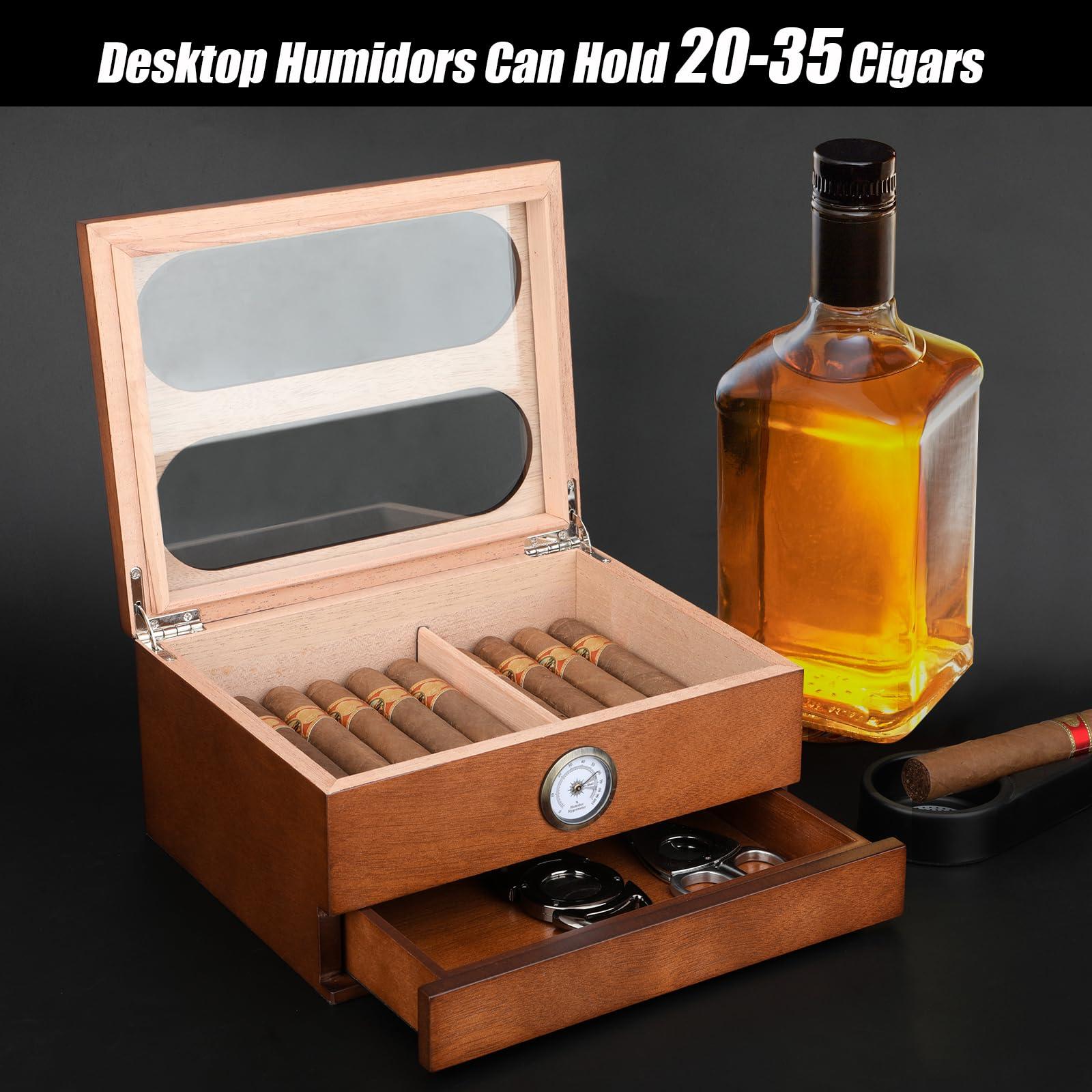 COOL KNIGHT COOL KNIGHT Cigar Humidor with Front Hygrometer, Humidifier and Accessory Drawers-Tempered Glass Top Cigar Humidor Box - Spanish Cedar Humidor-Desktop Humidor That can Hold 20-35 Cigars.