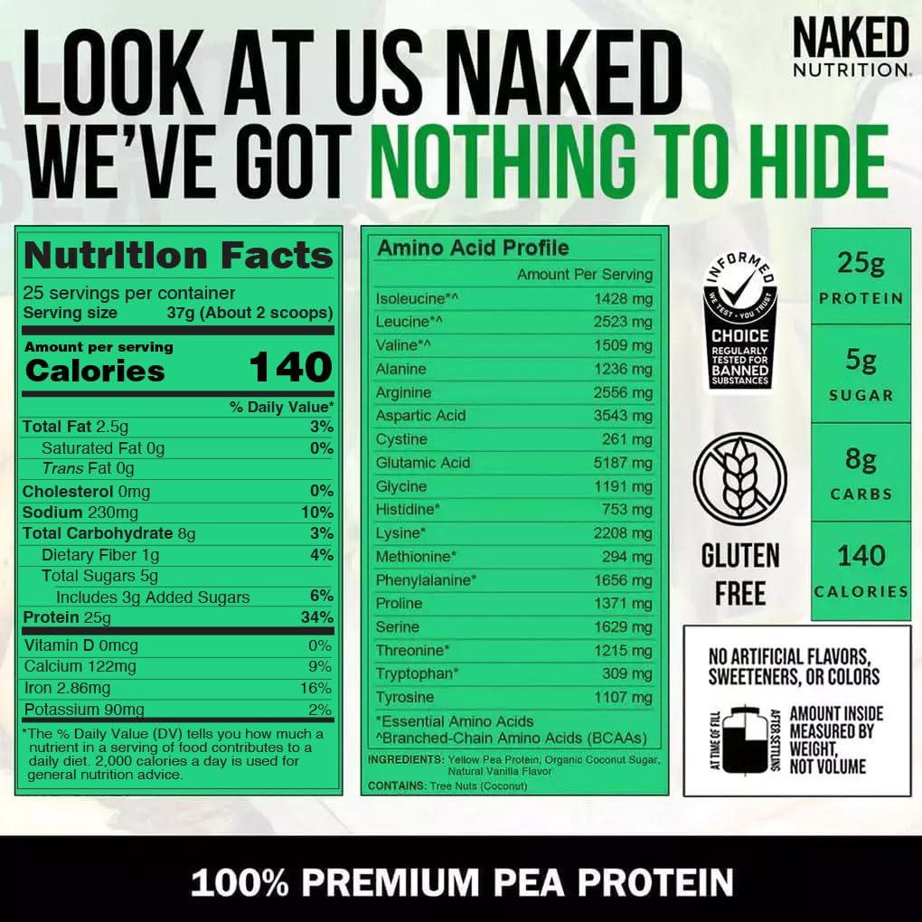 NAKED NAKED Vanilla Pea Protein Isolate from North American Farms, Only 3 Ingredients, Vanilla Vegan Protein, Gluten-Free, Soy Free, GMO Free - 2LB