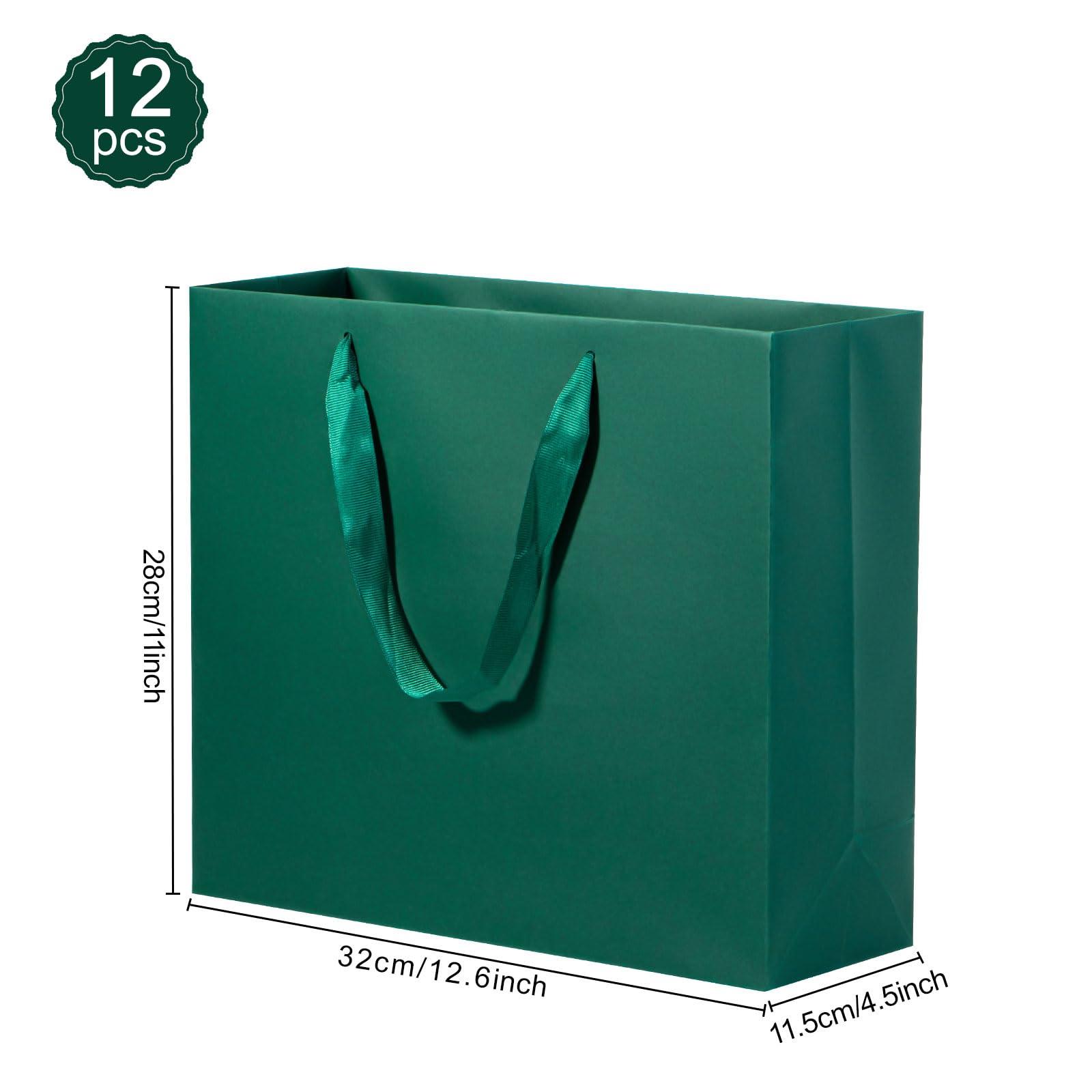driew driew Green Gift Bags, 12 Pack Extra Large Deep Green Gift Bag Ribbon Handles Heavy Duty Paper Gift Bags 12.6x4.5x11 inches Party Gift Bags for Shopping, Pakcing,Retail,Dark Green