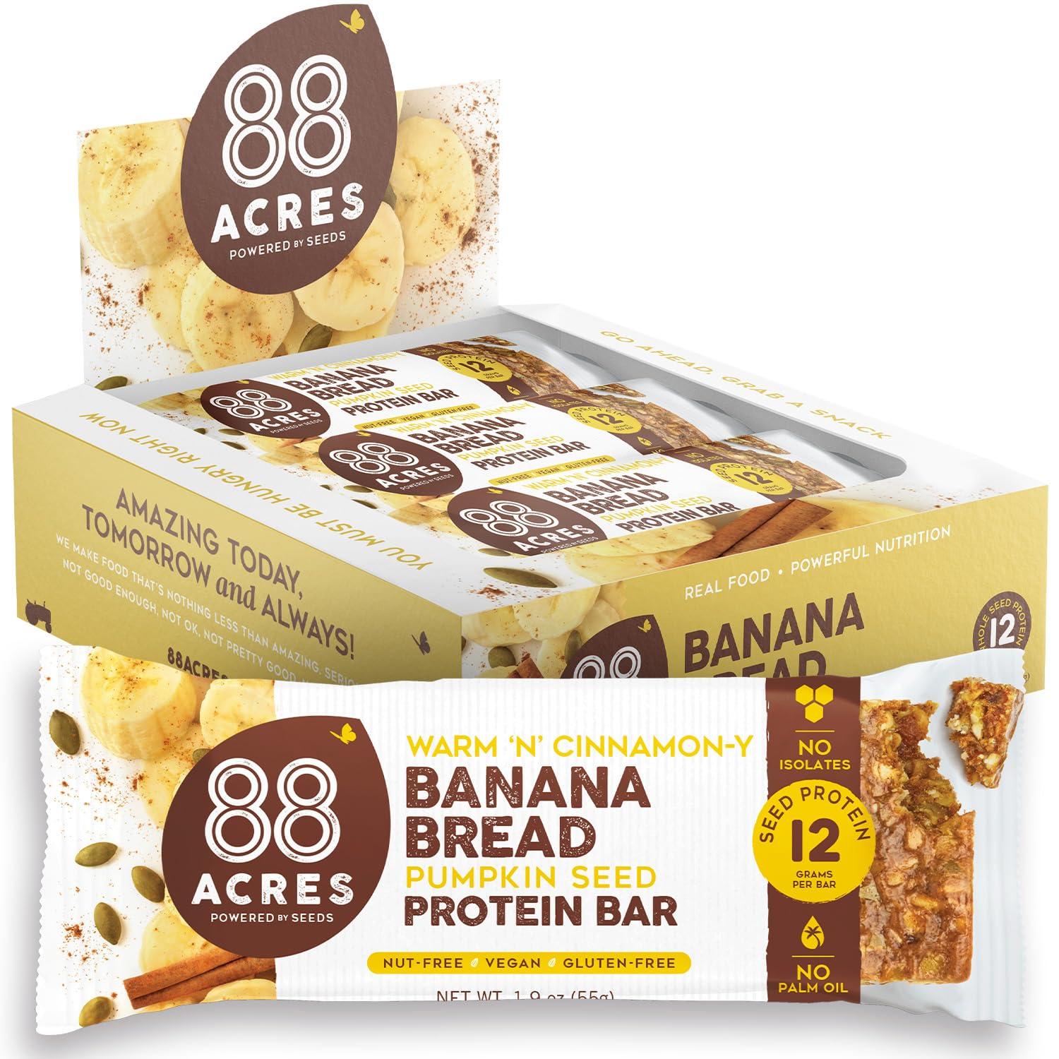 88 Acres 88 Acres Plant Based Seed Protein Bar | 9 Pack, Banana Bread | 12g of Plant Based Protein, Gluten Free, Nut Free, Non GMO, School Safe, No Palm Oil