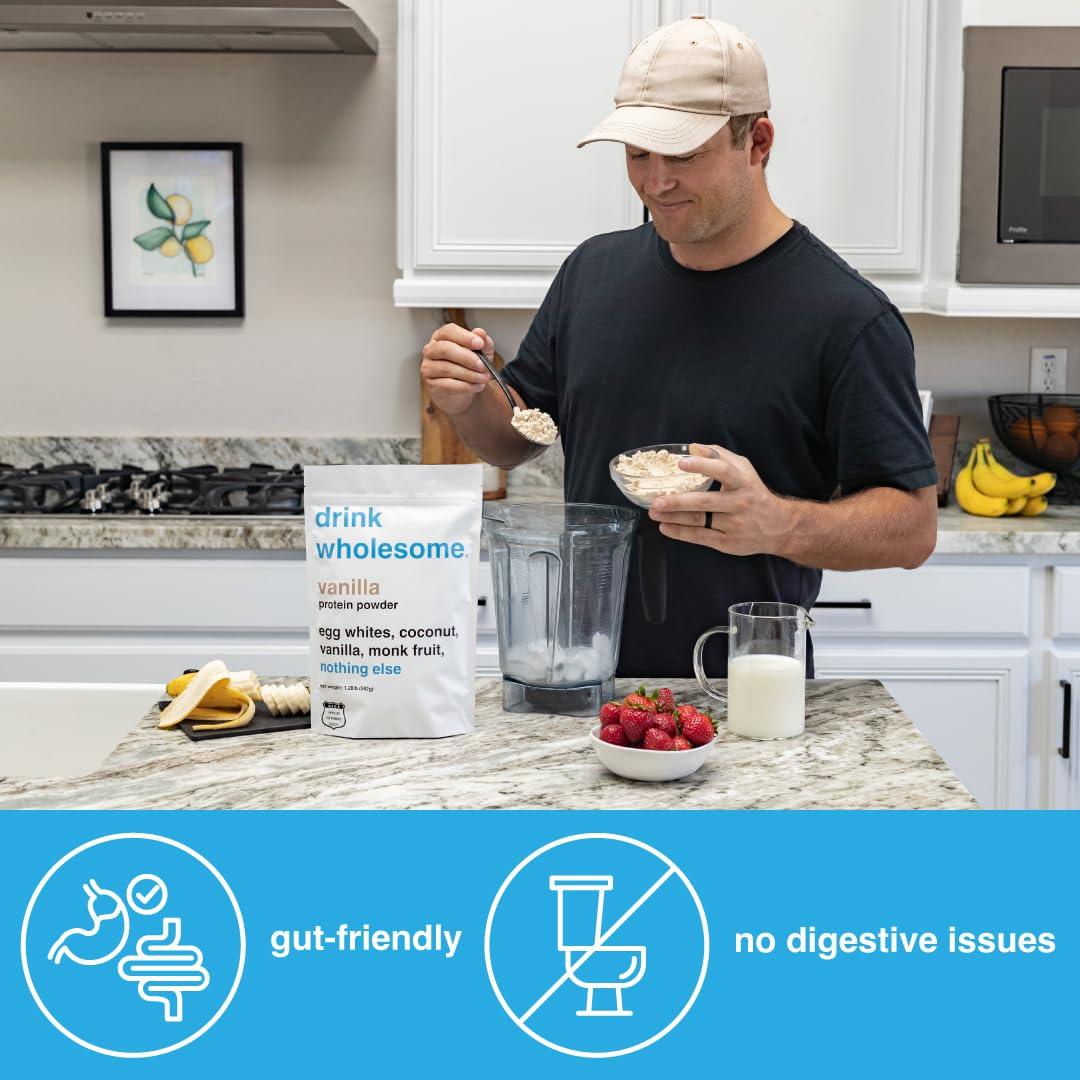drink wholesome drink wholesome Vanilla Egg White Protein Powder | for Sensitive Stomachs | Gut Friendly | Dairy & Lactose Free | No Artificial Sweeteners | Carnivore & Paleo | Safe for Kids & Seniors