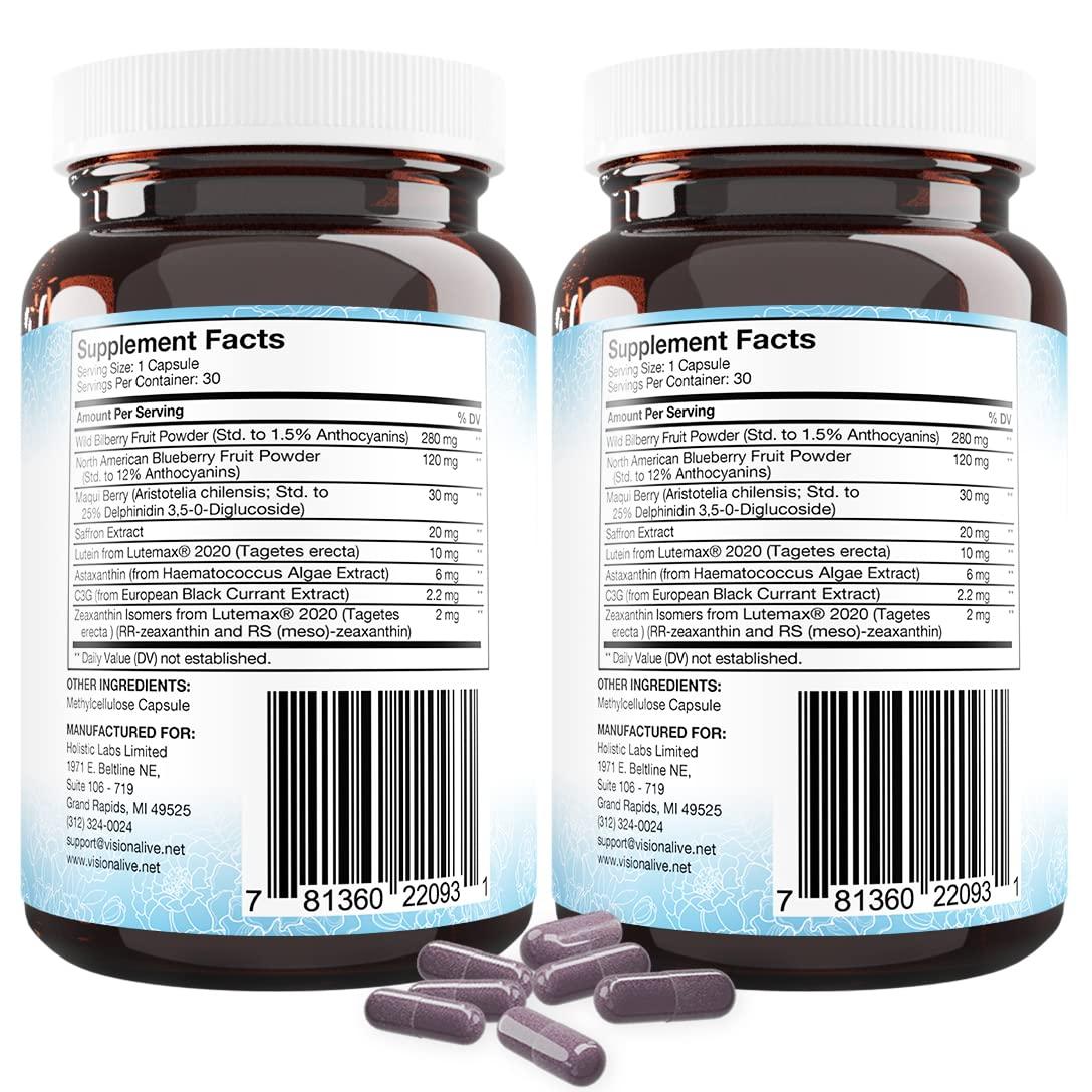 Holistic Health Labs Holistic Health Labs Vision Alive Max with 8 Natural Ingredients Lutemax 2020, Bilberries, Blueberries, c3g from Black Currant, Maqui Berry, Saffron, and Astaxanthin (30 Count (Pack of 2))