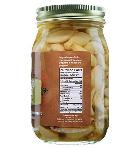 Green Jay Gourmet Green Jay Gourmet Pickled Garlic Cloves in a Jar - Habanero Pickled Garlic - Fresh Garlic Bulbs for Cooking - Natural Ingredients - Freshly Made - Subtly Infused, Pre-Prepared Garlic - 16 Ounce Jar