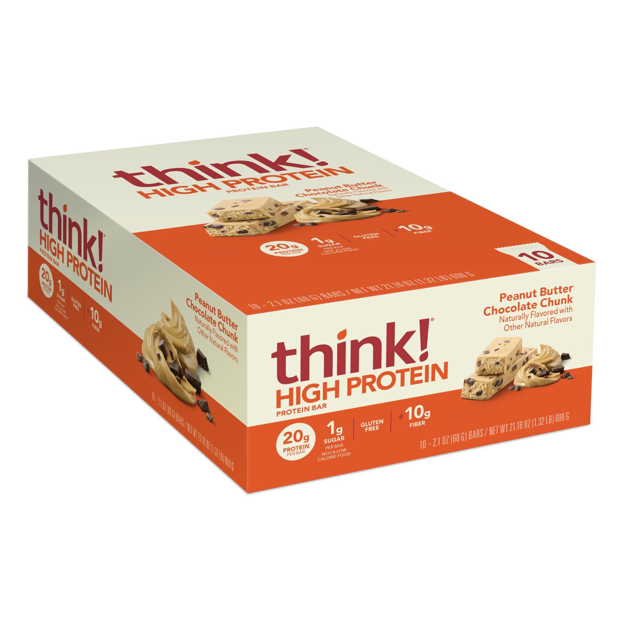 think! think! Protein Bars, High Protein Snacks, Gluten Free, High Fiber, Peanut Butter Chocolate Chunk, 10 Count