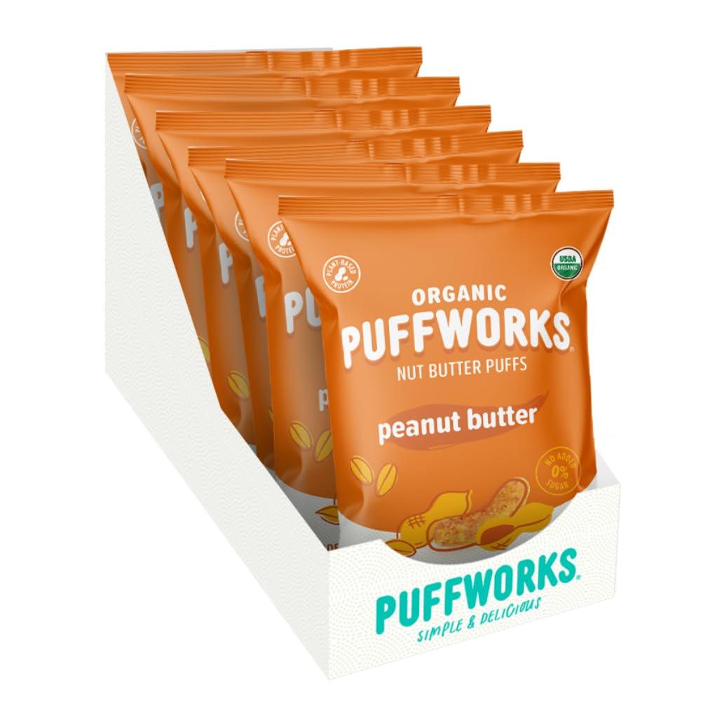 Puffworks Puffworks Original Organic Peanut Butter Puffs, 1.2 Ounce (Pack of 6), Plant-Based Protein Snack, Gluten- and Rice-Free, Vegan, Kosher
