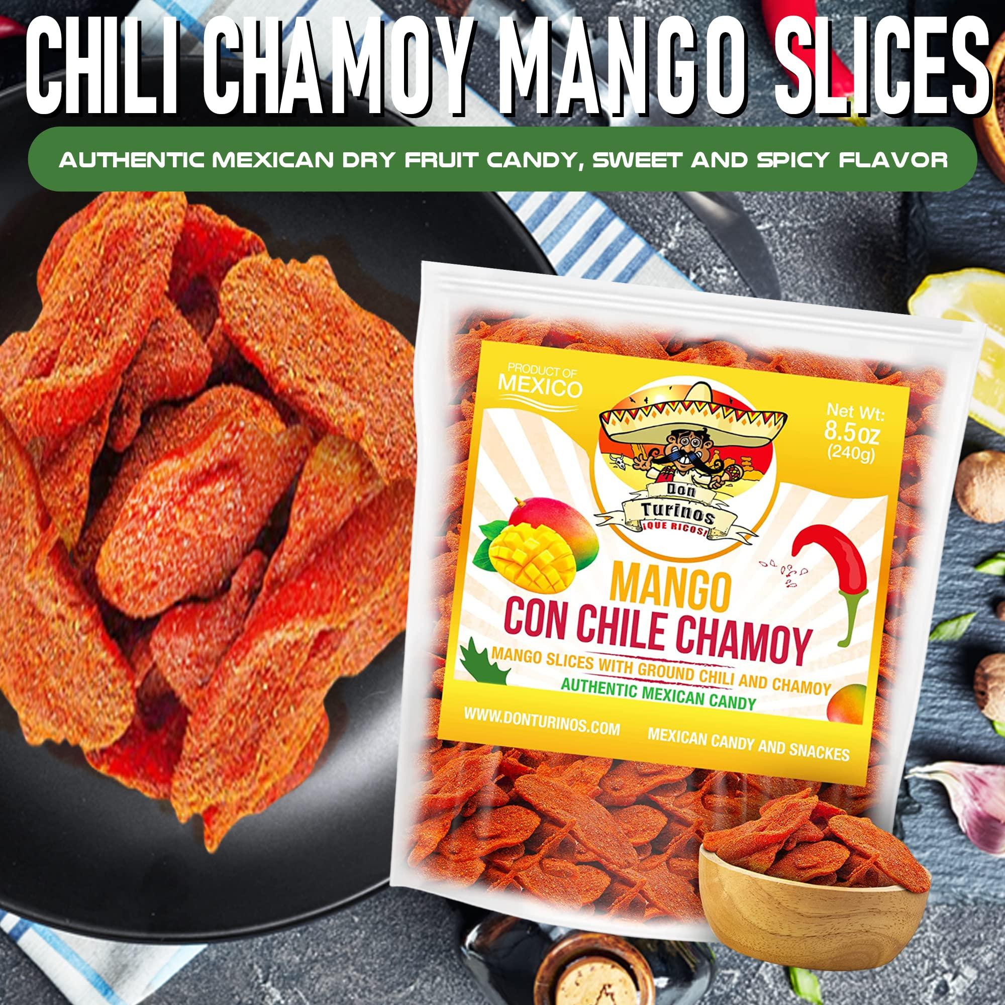 DON TURINOS ¡QUE RICOS! Chili Chamoy Mango Slices, 8.5 oz. Bag of Authentic Mexican Dry Fruit Candy, Sweet and Spicy Flavor, Fresh and Natural Dulce Mexicano, by Don Turinos