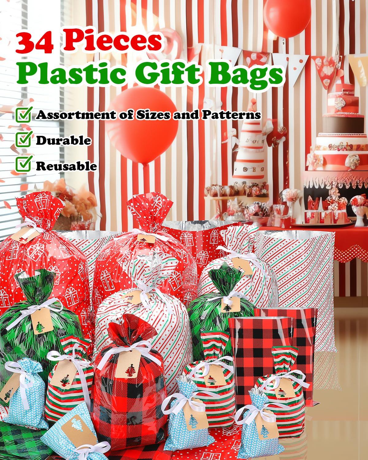 YALTOON Christmas Gift Bags Assorted Sizes, 34PCS Christmas Bags For Gifts, Small/Medium/Large/Extra Large Christmas Gift Bags with Ribbon Ties, Holiday Xmas Santa Plastic Reusable Wrapping Gift Bag Bulk