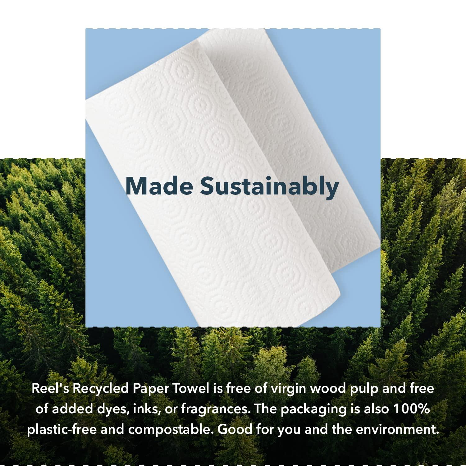 REEL Reel Premium Recycled Paper Towels- 12 Rolls, 2-Ply Made From Tree-Free, 100% Recycled Paper - Eco-Friendly, Hypoallergenic and Zero Plastic Packaging