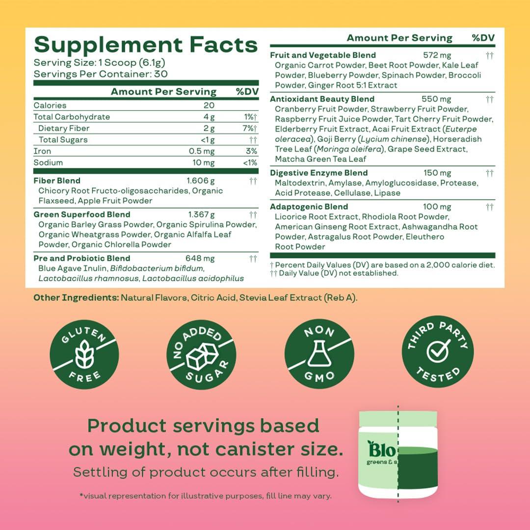 Bloom Nutrition Bloom Nutrition Superfood Greens Powder, Digestive Enzymes with Probiotics and Prebiotics, Gut Health, Bloating Relief for Women, Chlorella, Juice Mix w/Beet Root Powder, 30 SVG, Orange Passionfruit